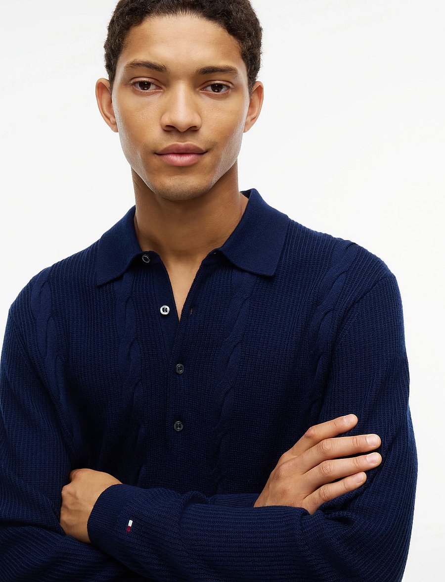 Tommy Hilfiger - NY WOOL CABLE L/S POLO - langärmelige strick-polohemden - navy blue - 3