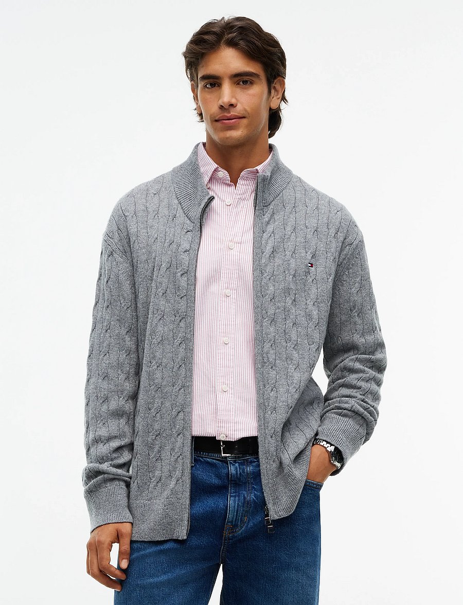 Tommy Hilfiger - LAMBSWOOL CABLE ZIP THROUGH - pullover mit durchgehendem reißverschluss - medium grey heather - 0