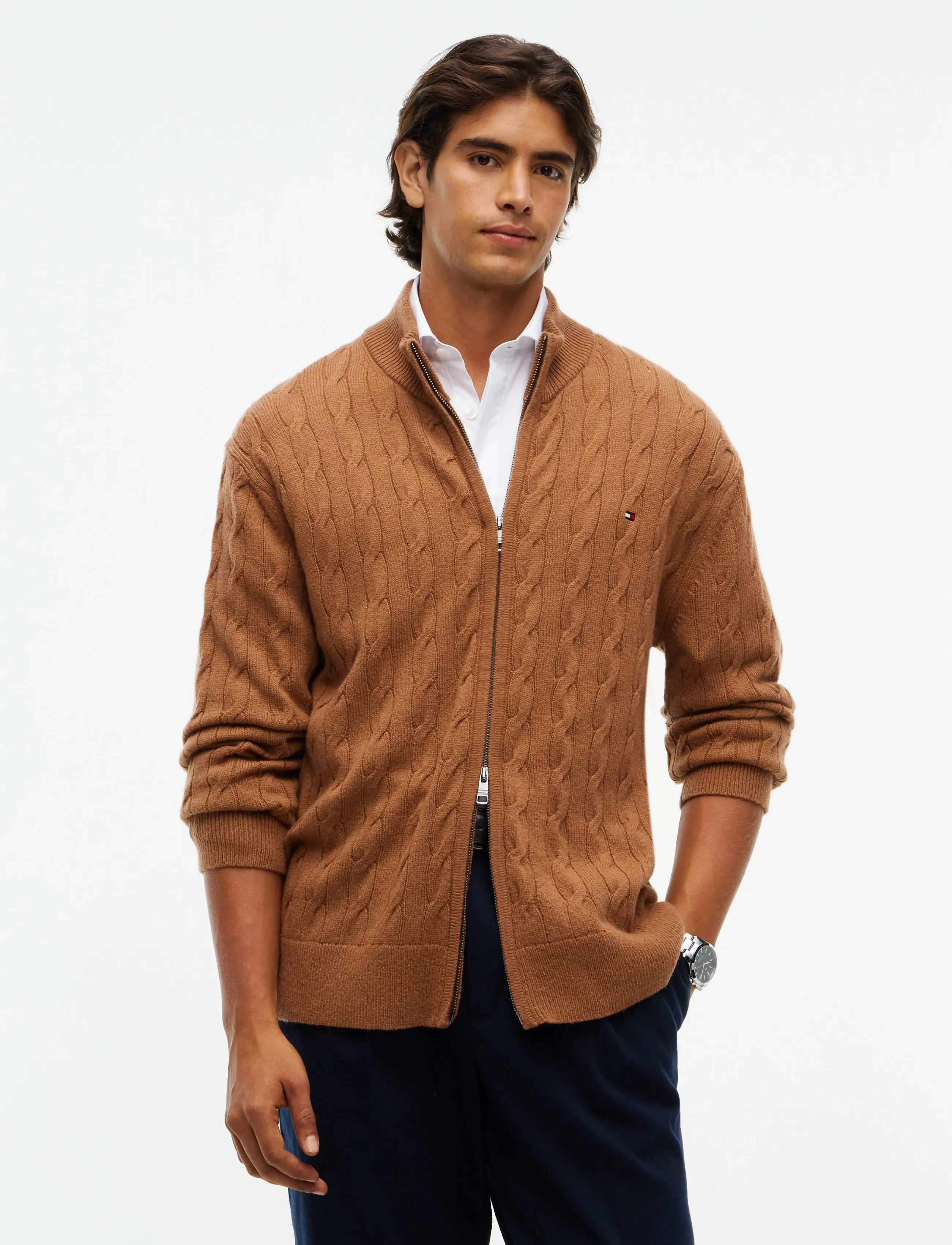 Tommy Hilfiger LAMBSWOOL CABLE ZIP THROUGH - Tommy Hilfiger - TIMELESS TAWNY HEATHER / brown