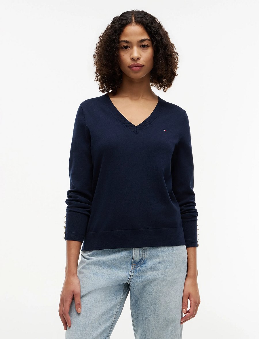 Tommy Hilfiger - CO JERSEY FINE GG V-NK LS SWT - striktrøjer - dark night navy - 0