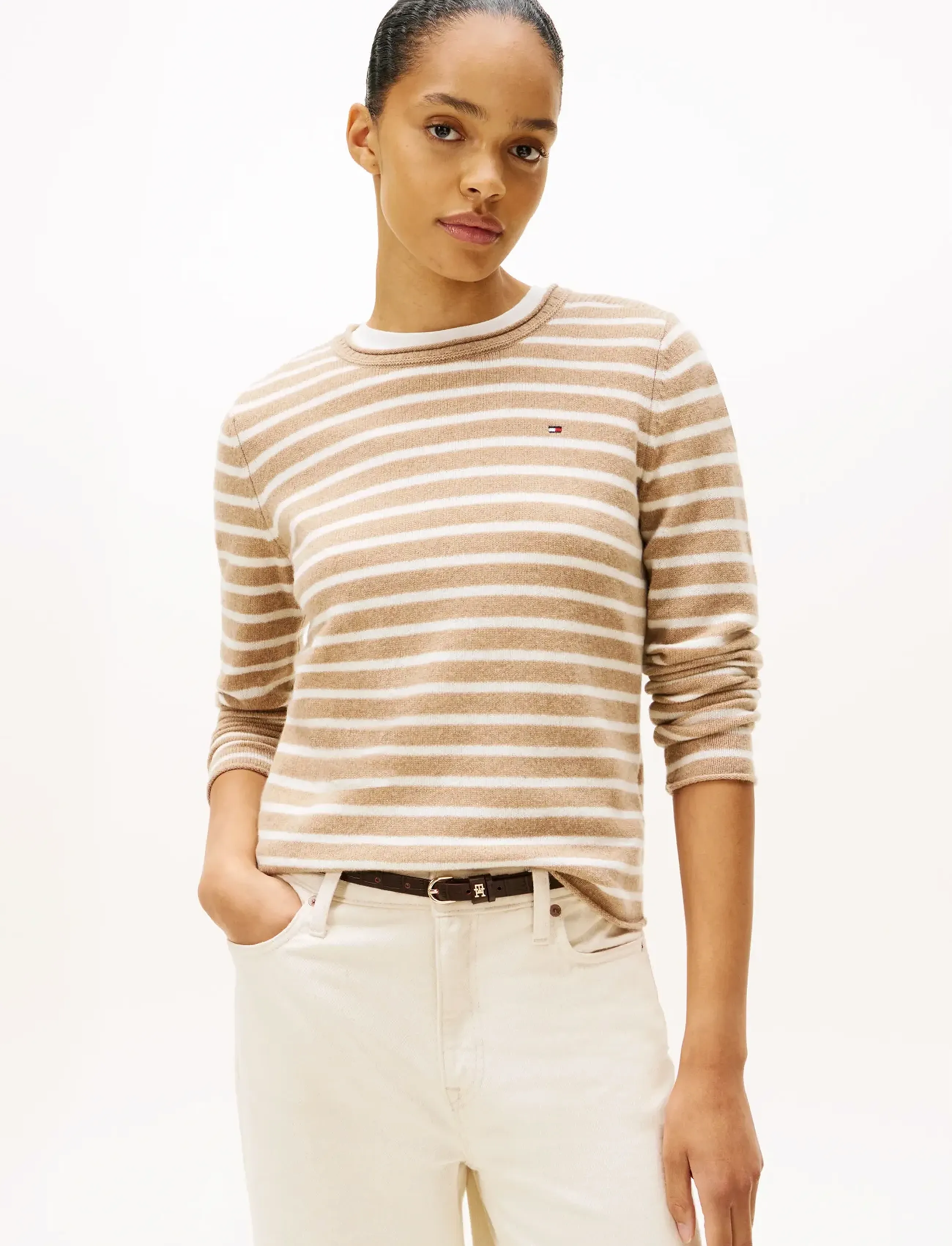Tommy Hilfiger SOFT WOOL C-NK LS SWEATER - Clothing - SAFARI CANVAS HTR/IVORY PETAL STP / beige