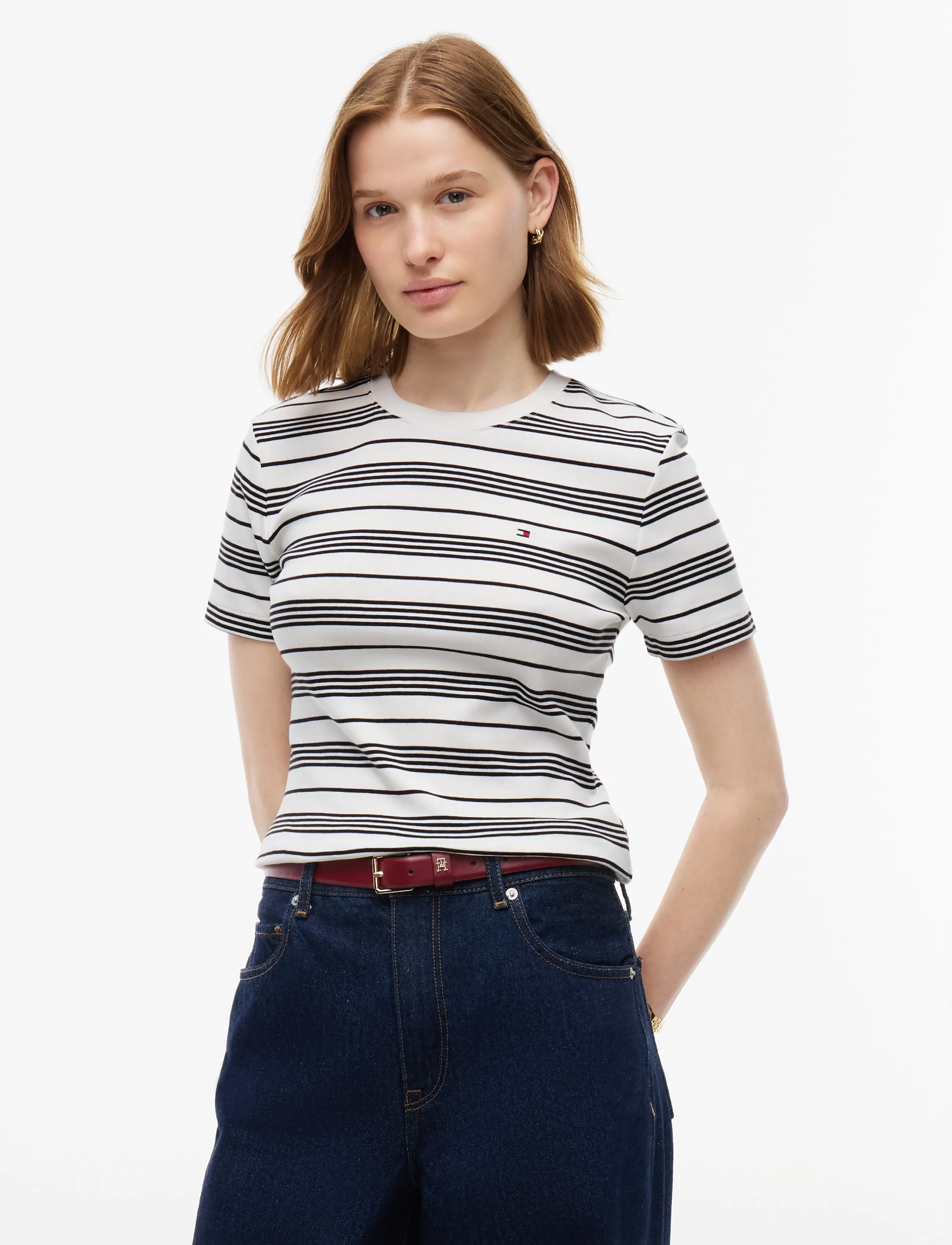Tommy Hilfiger SLIM CODY C-NK S/S TEE - Kläder - BROKEN STRIPE ECRU   BLACK / cream