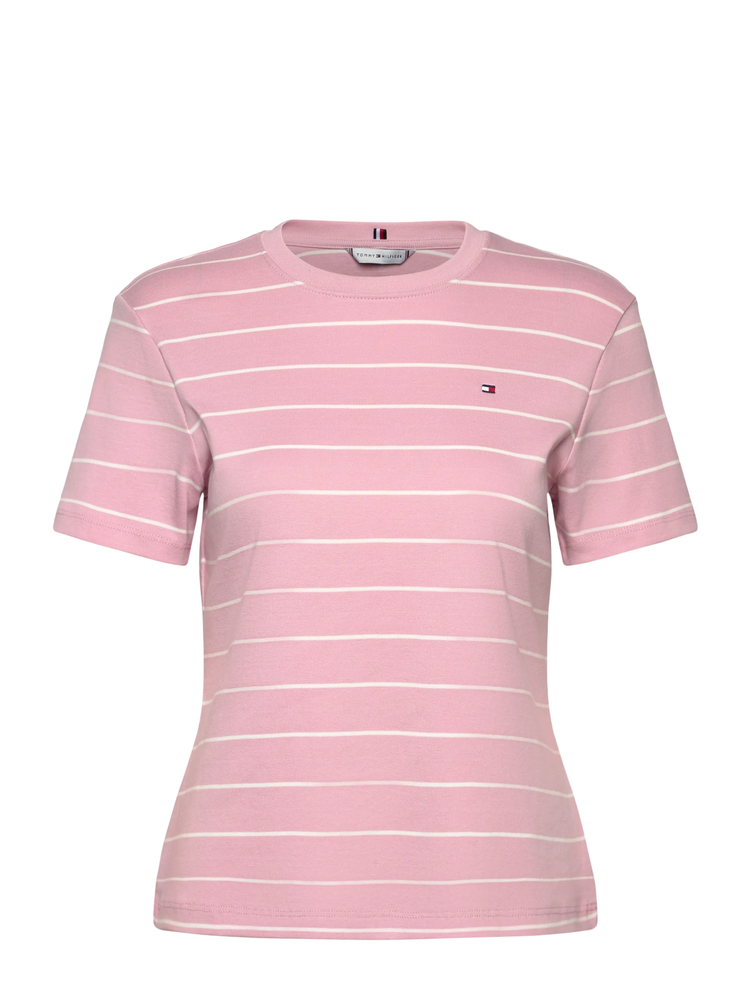 Tommy Hilfiger SLIM CODY C-NK SS - Tommy Hilfiger - FINE STP BONITA PINK   ECRU / pink/rose
