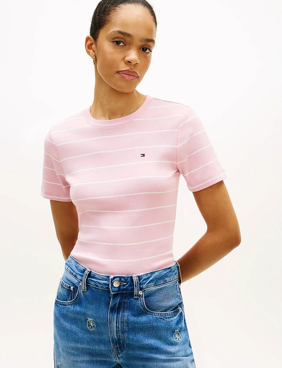Tommy Hilfiger - SLIM CODY C-NK S/S TEE - t-shirts - fine stp bonita pink ecru - 0