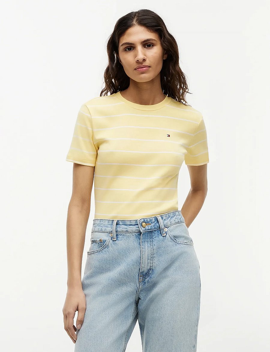 Tommy Hilfiger - SLIM CODY C-NK SS - t-särgid - fine stp citronella ecru - 0