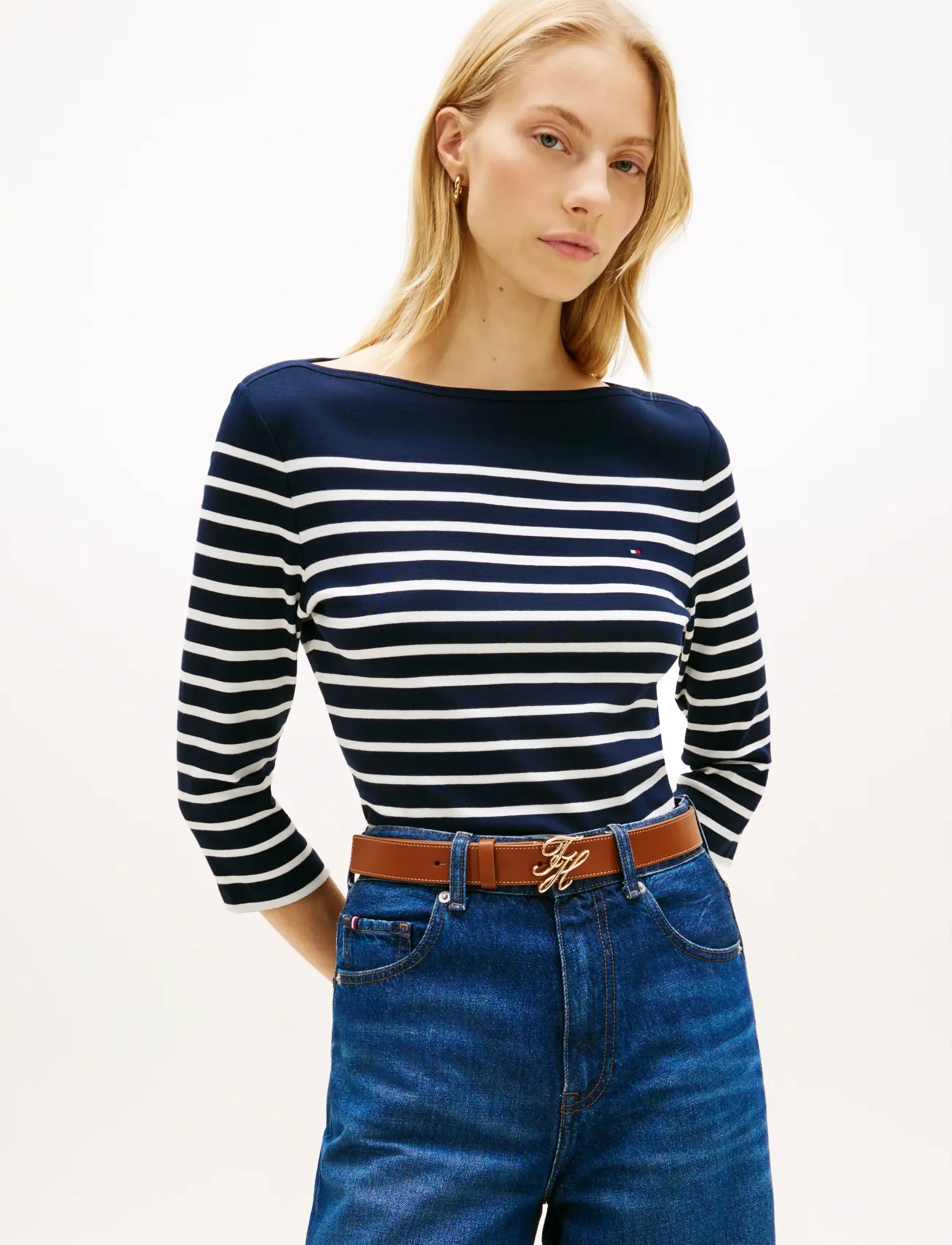 Tommy Hilfiger Cody Slim Boat-Nk 3/4 Slv, XXS, T-shirts & Oberteile, Marineblau - Long-sleeved, Frauen