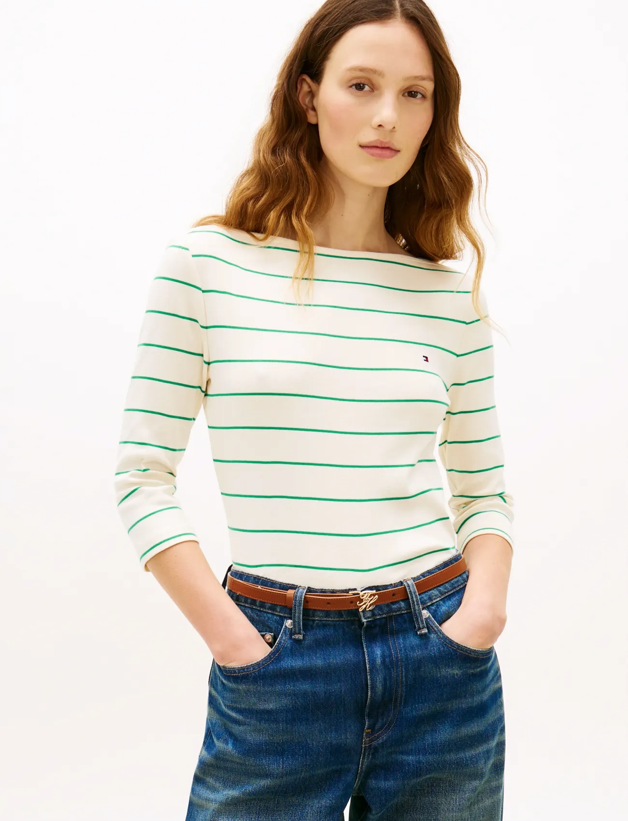 Tommy Hilfiger CODY SLIM BOAT-NK 3/4 SLV - Tøj - FINE STP CALICO   COURTSIDE GREEN / cream