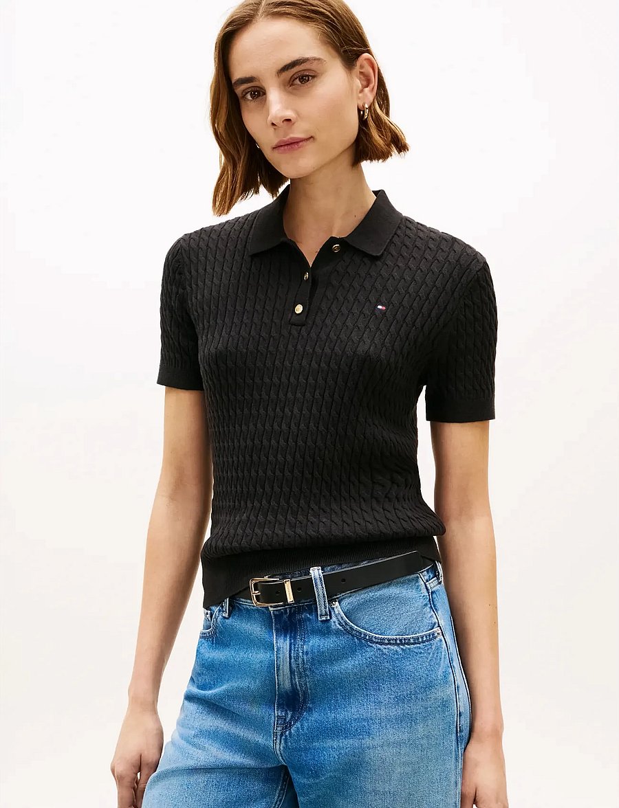 Tommy Hilfiger - CO CABLE FINE GG POLO S/S SWT - poloshirts - black - 0