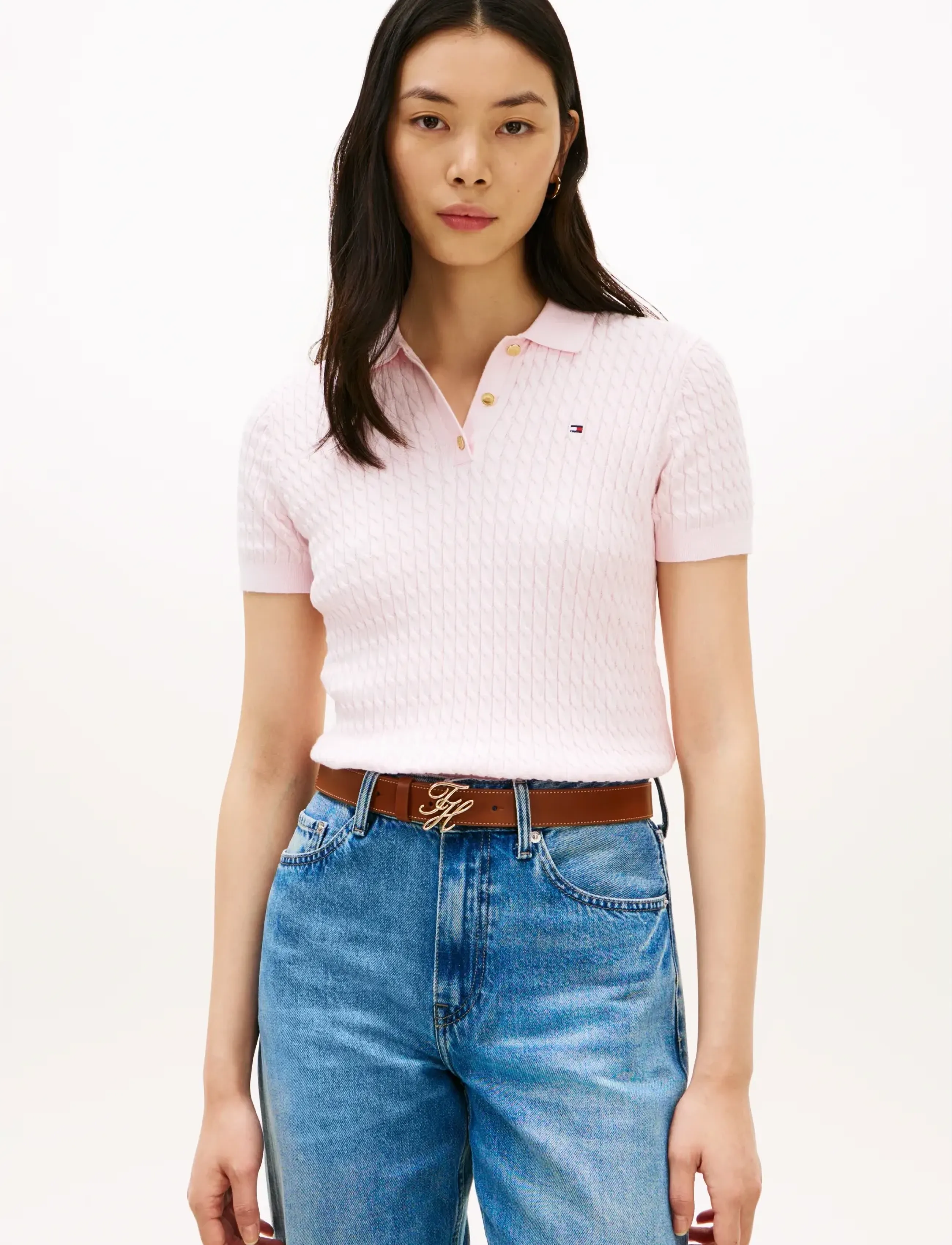 Tommy Hilfiger CO CABLE FINE GG POLO S/S SWT - T-shirts & Toppar - LIGHT PINK / pink/rose
