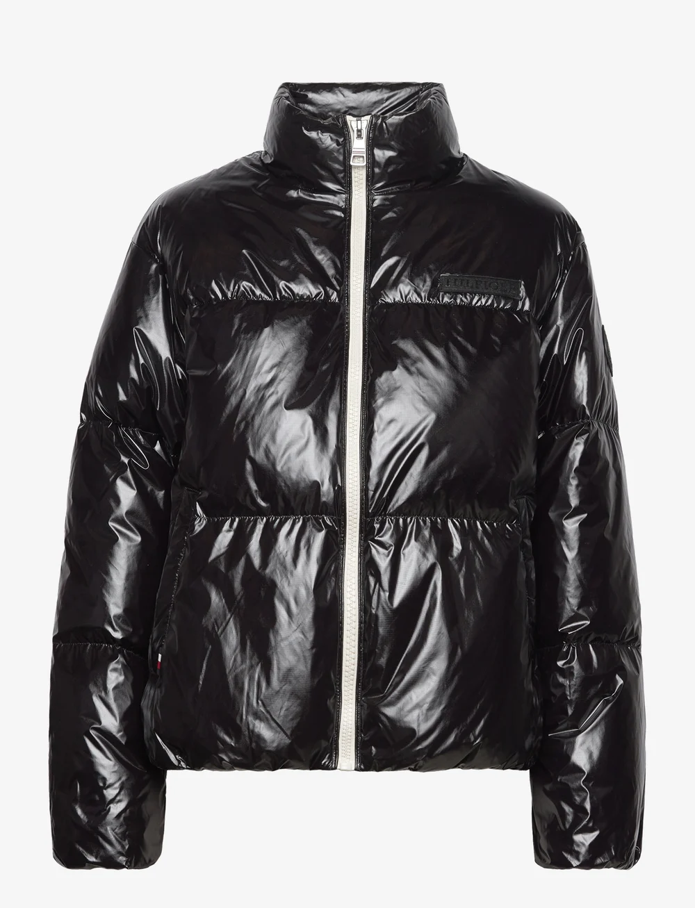 Black shiny tommy hilfiger coat hotsell