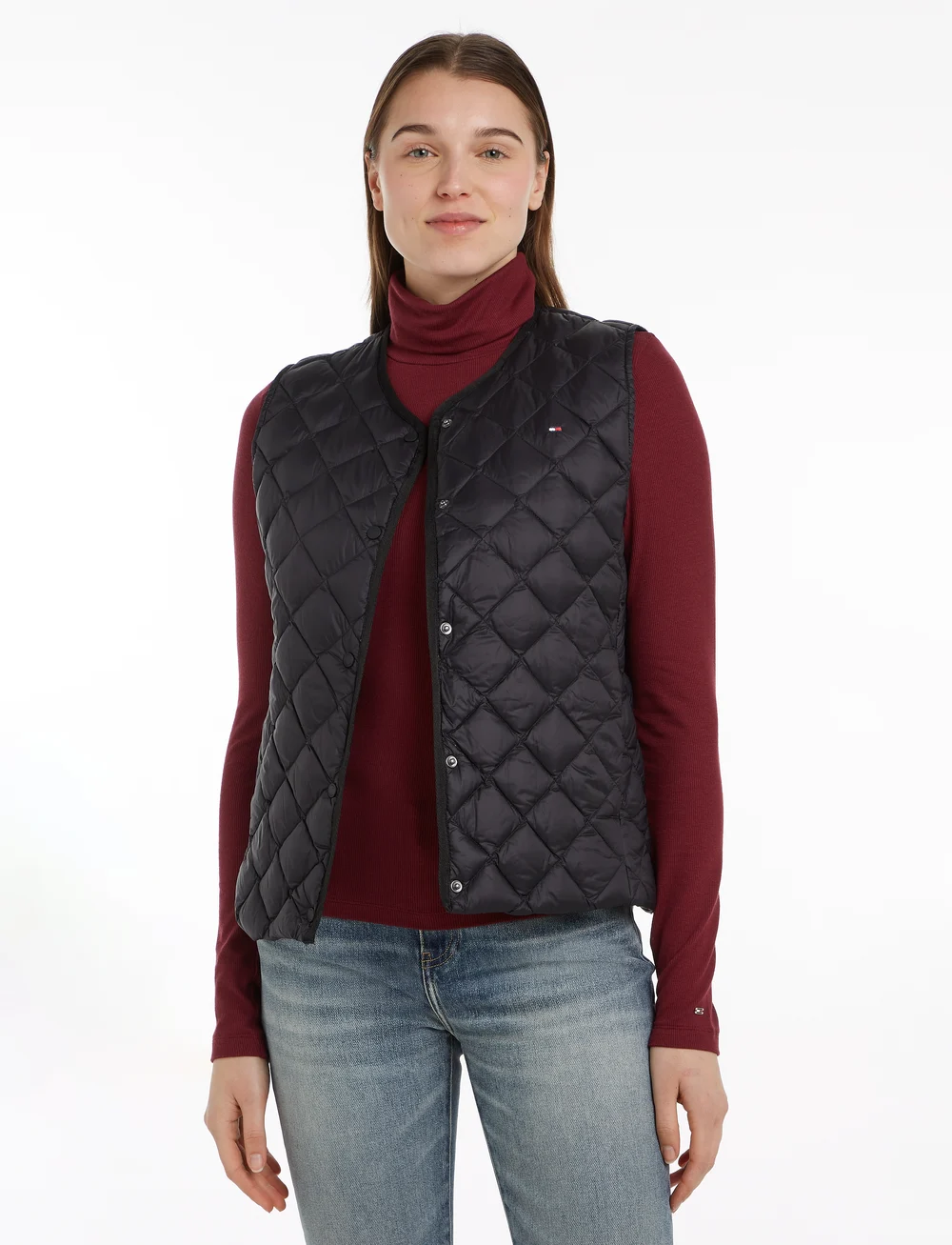 Collarless down vest sales
