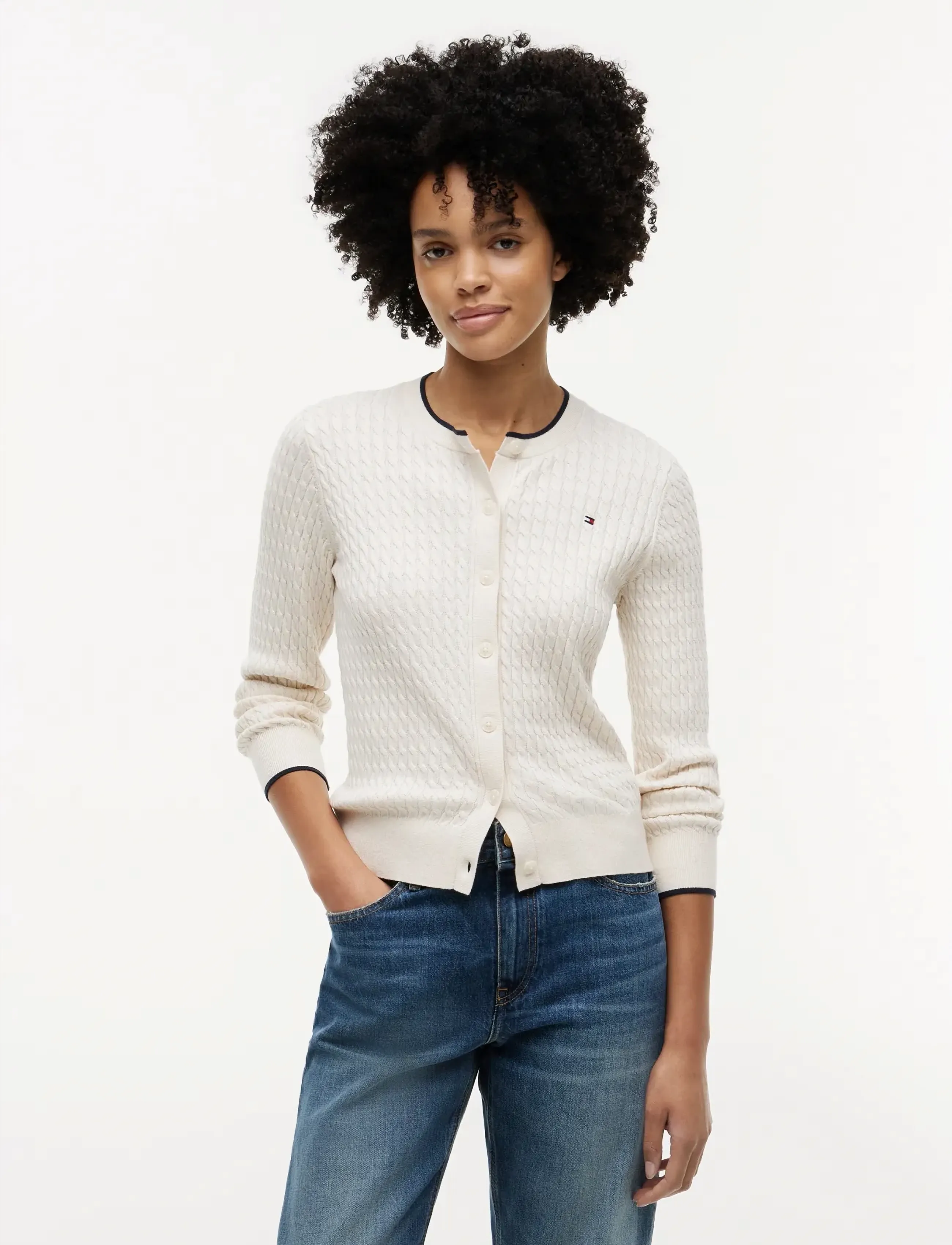 Tommy Hilfiger Co Cable Fine Gg Ls C-Nk Cardi, XS, Cream, Strik > Cardigans, Dame