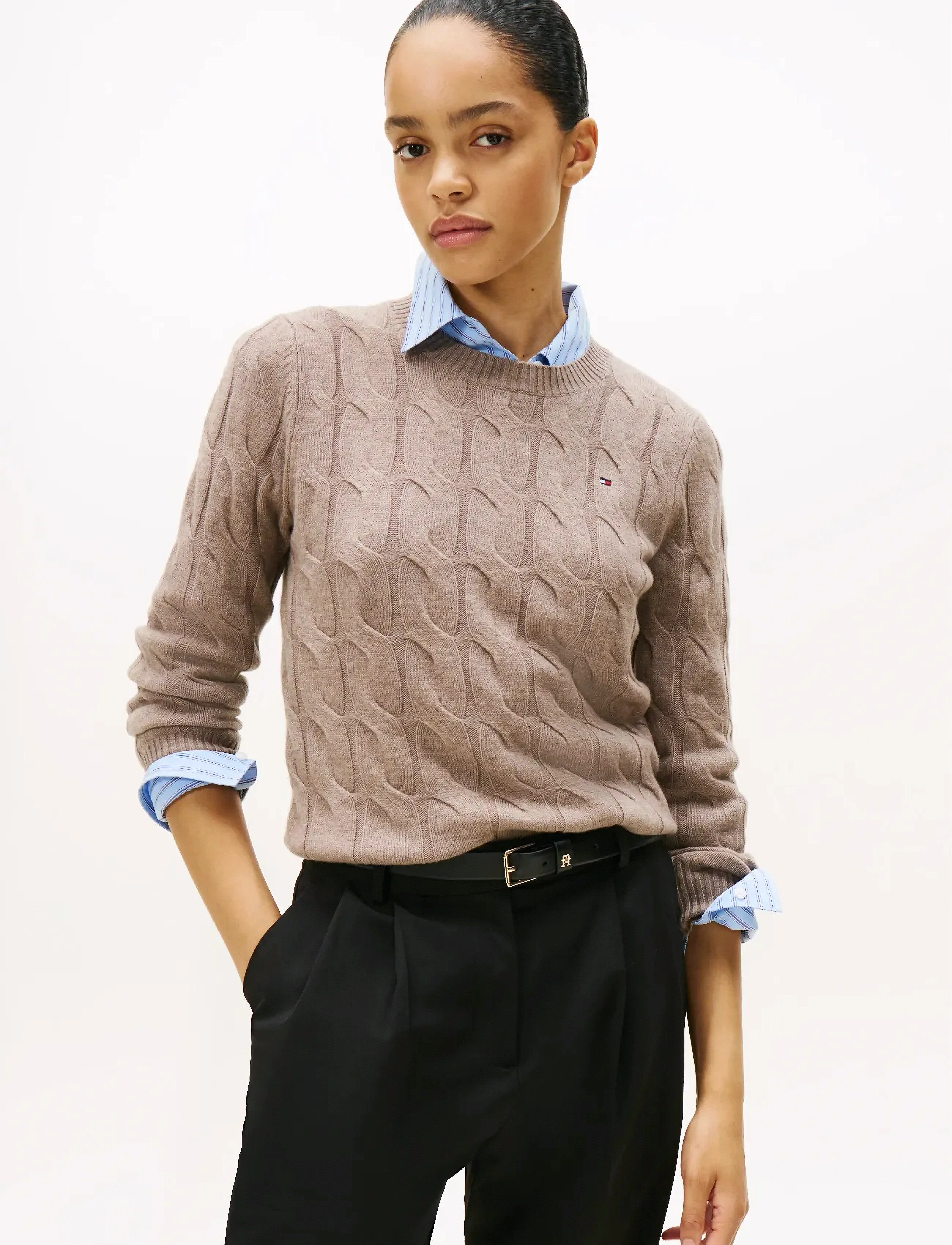 Tommy Hilfiger SOFT WOOL CABLE C-NK LS SWT - Tøj - HEATHERED TAUPE / beige