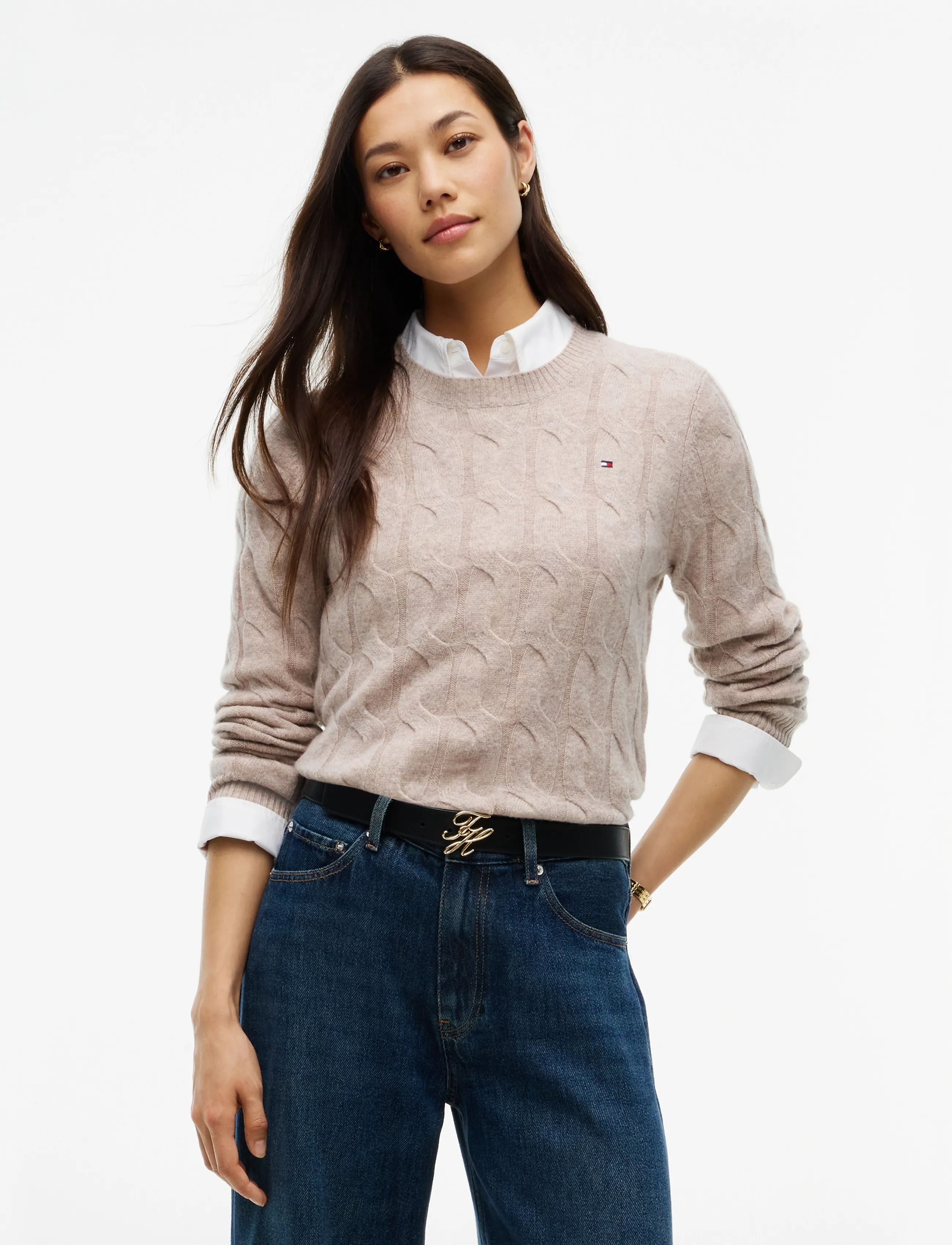 Tommy Hilfiger SOFT WOOL CABLE C-NK LS SWT - Tommy Hilfiger - LIGHT CAMEL HEATHER / beige