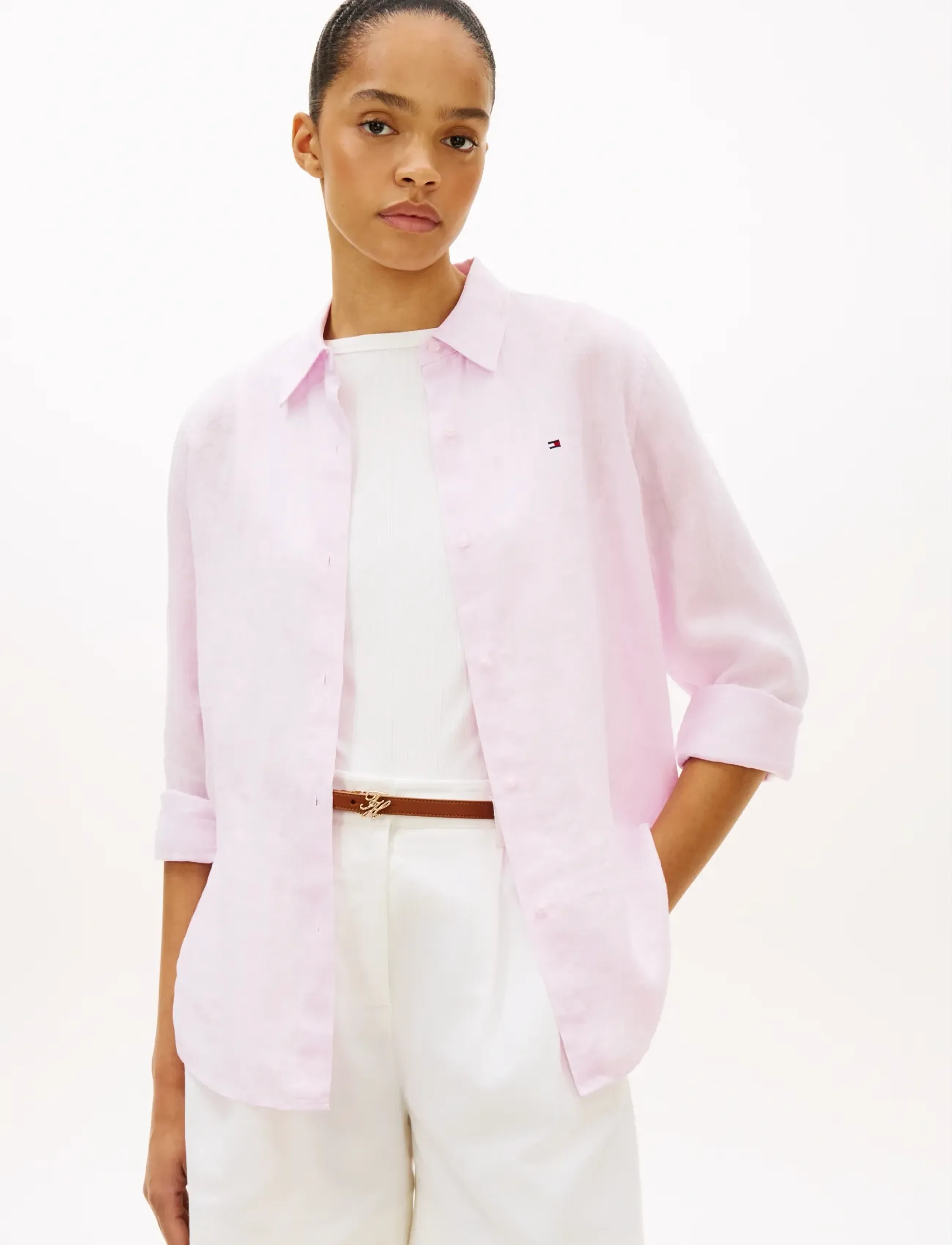 Tommy Hilfiger Ess Linen Relaxed Shirt, Kvinder, Afslappet Hørskjorte Med Lange Ærmer, Pink, Str: 34