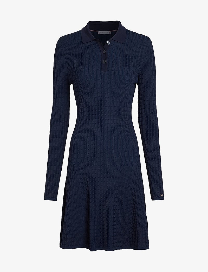 Tommy Hilfiger - RAYON CABLE F&F LS MIDI DRESS - knitted dresses - dark night navy - 1