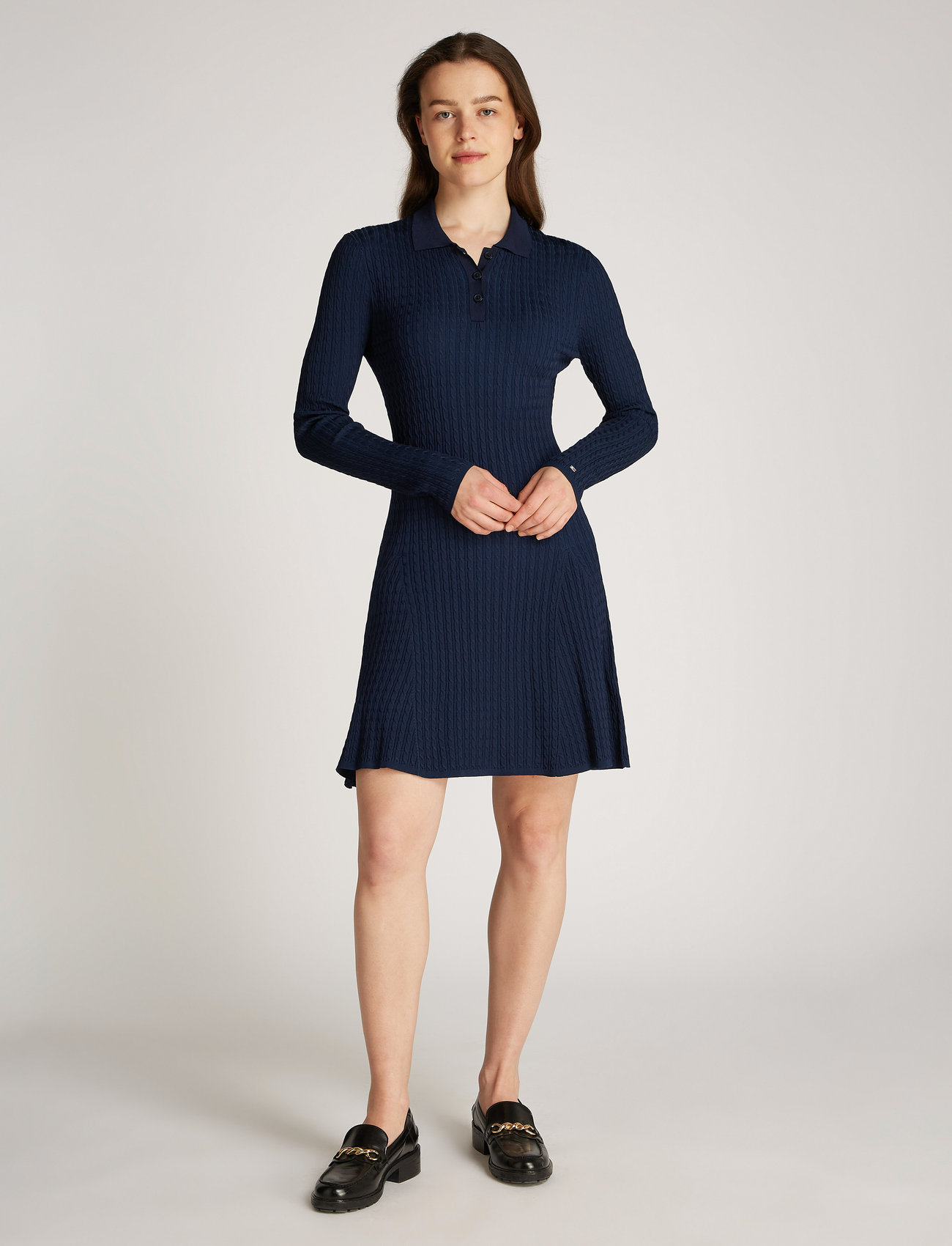 Tommy Hilfiger - RAYON CABLE F&F LS MIDI DRESS - knitted dresses - dark night navy - 0