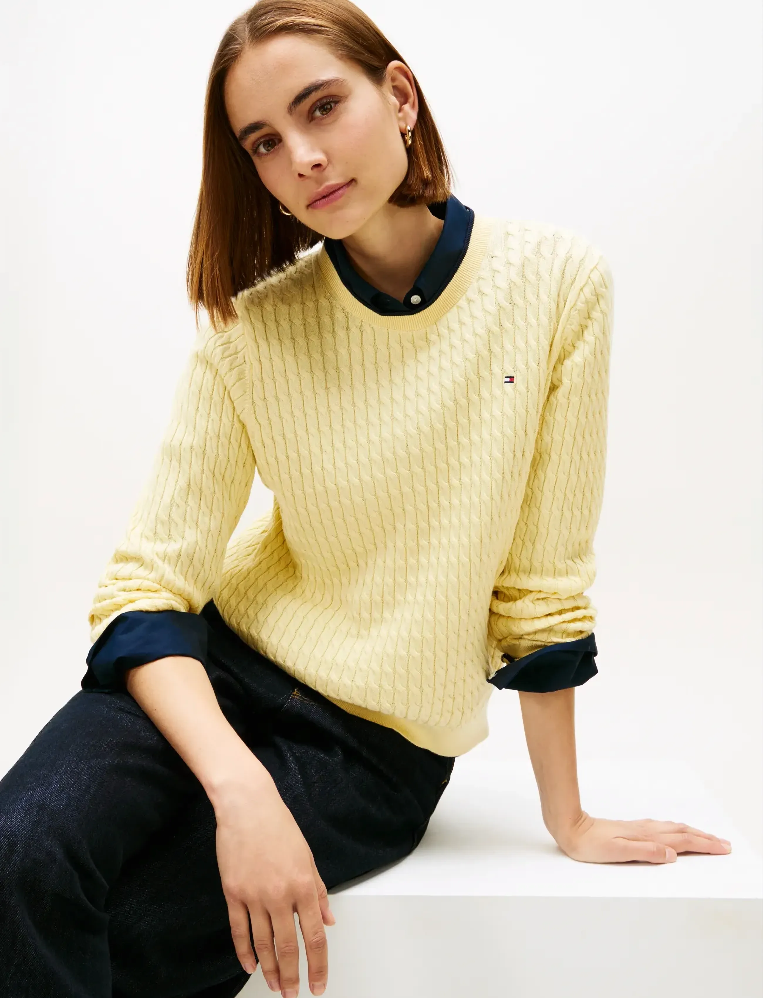 Tommy Hilfiger - CO CABLE FINE GG C-NK LS SWEATER - jumpers - zesty yellow navy tipping - 4