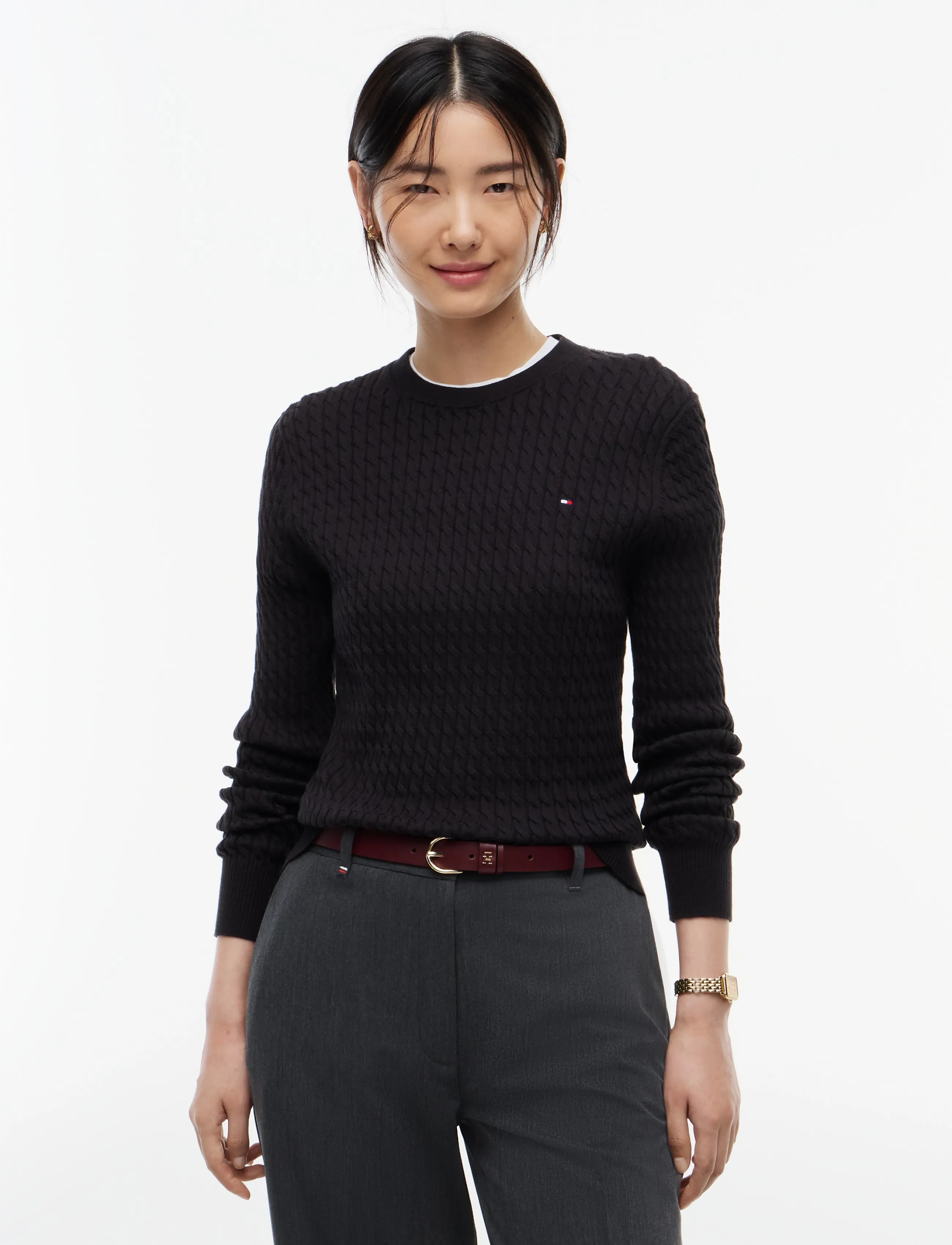 Tommy Hilfiger CO CABLE FINE GG C-NK LS SWEATER - Strik - BLACK / black