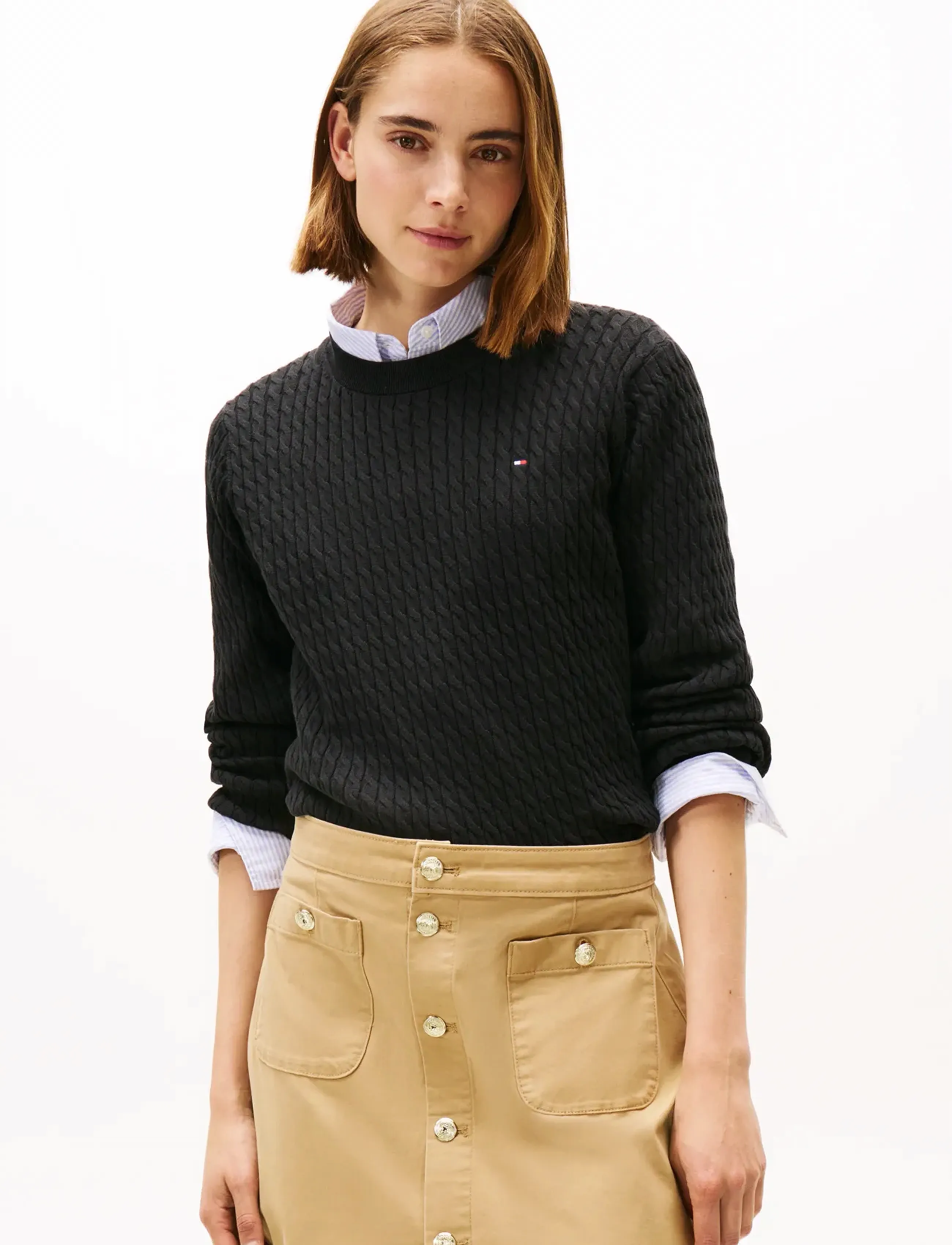 Tommy Hilfiger COTTON CABLE FINE GG C-NK SWT - Tommy Hilfiger - BLACK / black