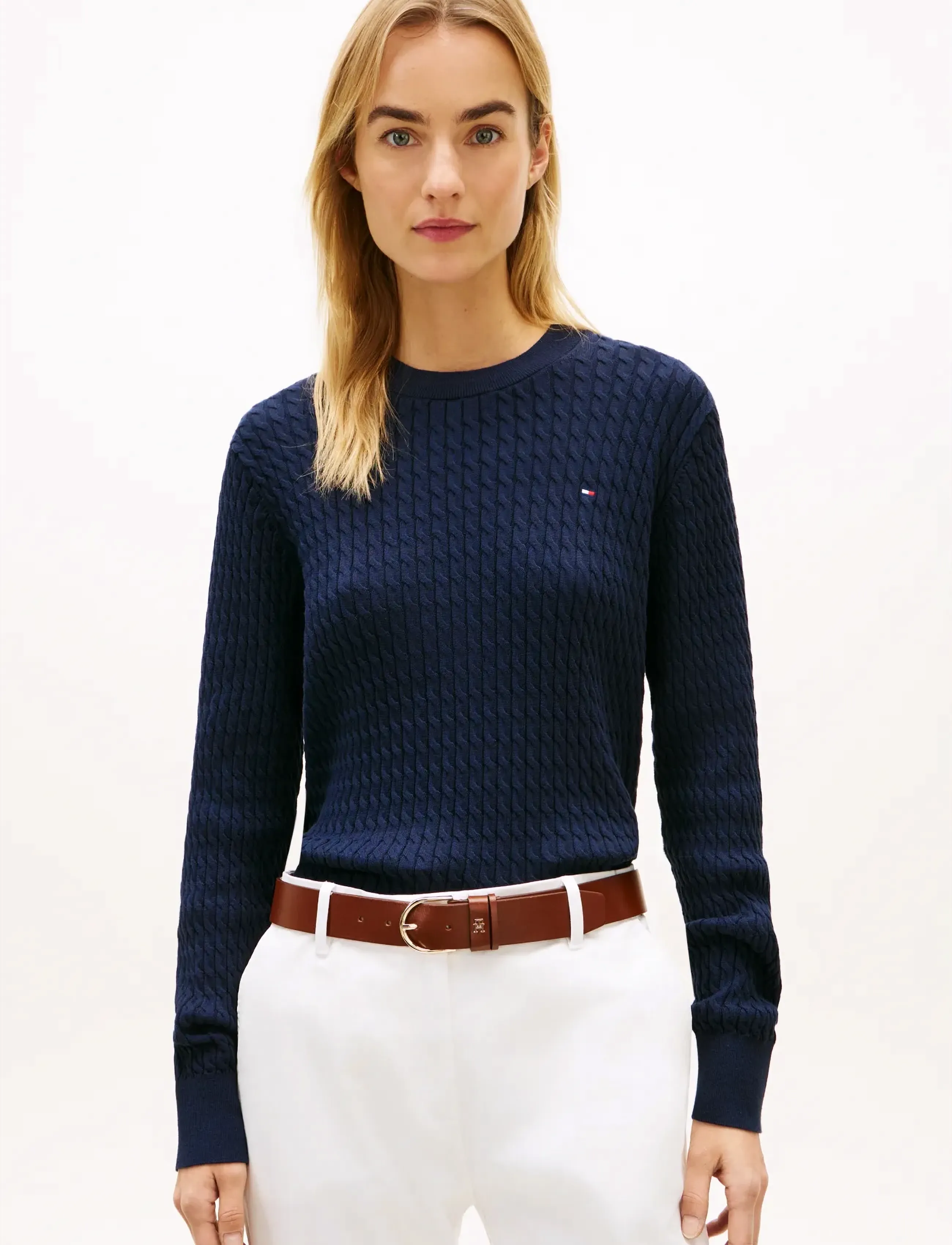Tommy Hilfiger COTTON CABLE FINE GG C-NK LS SWT - Strikkevarer - DARK BLUE / navy