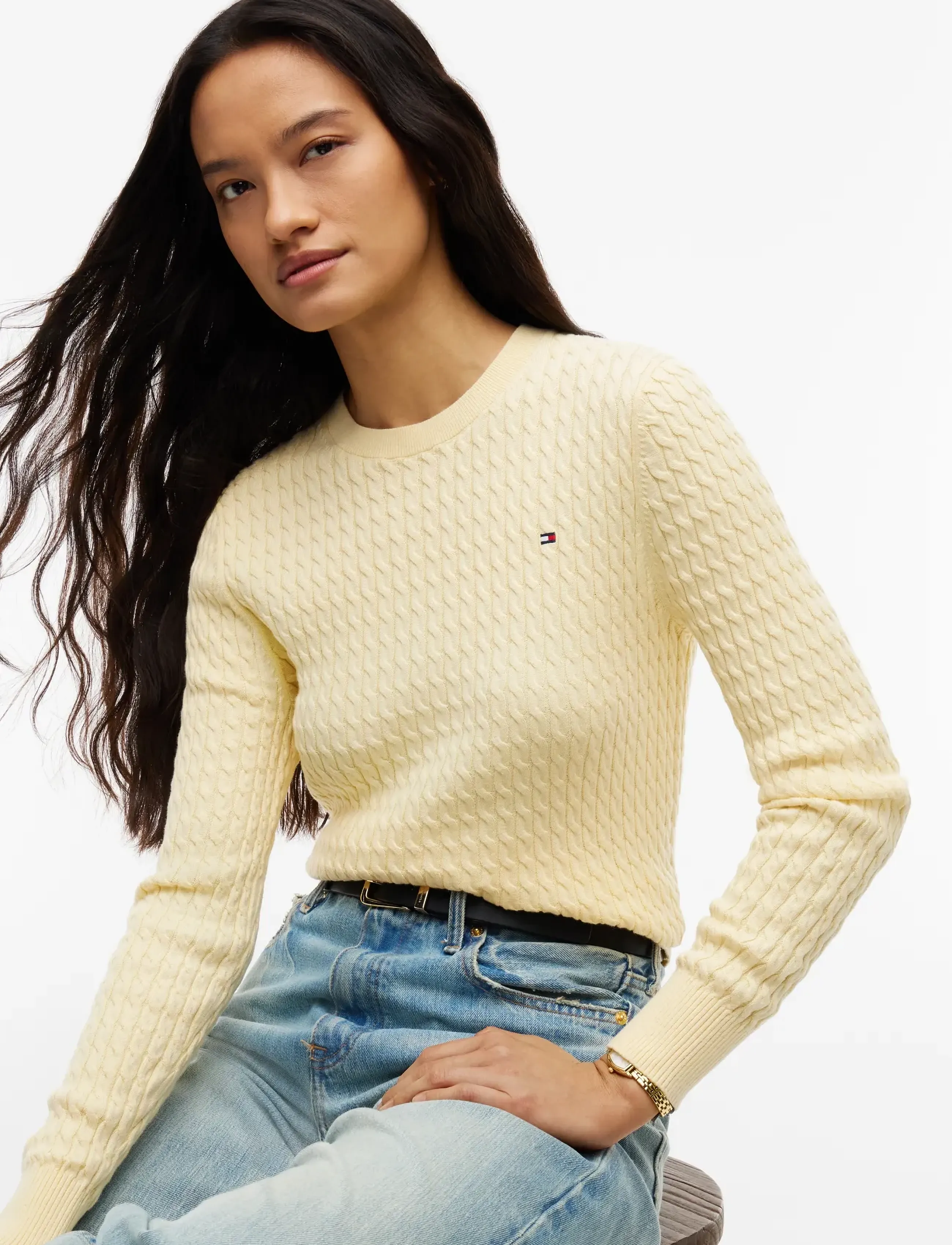 Tommy Hilfiger - COTTON CABLE FINE GG C-NK SWT - stickade tröjor - frozen custard - 3