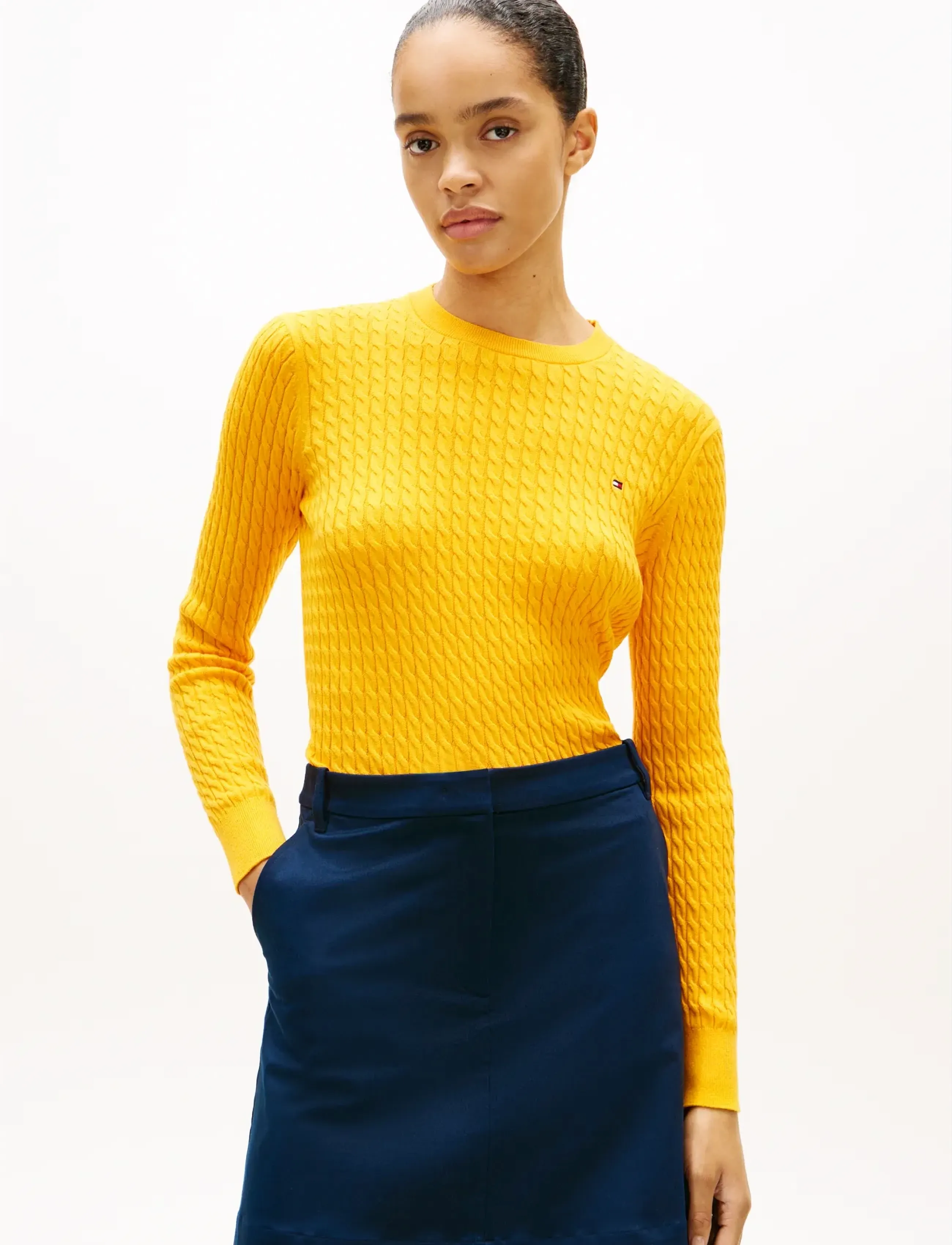 Tommy Hilfiger Co Cable Fine Gg C-Nk Ls Sweater, L, Yellow, Strik > Trøjer, Dame