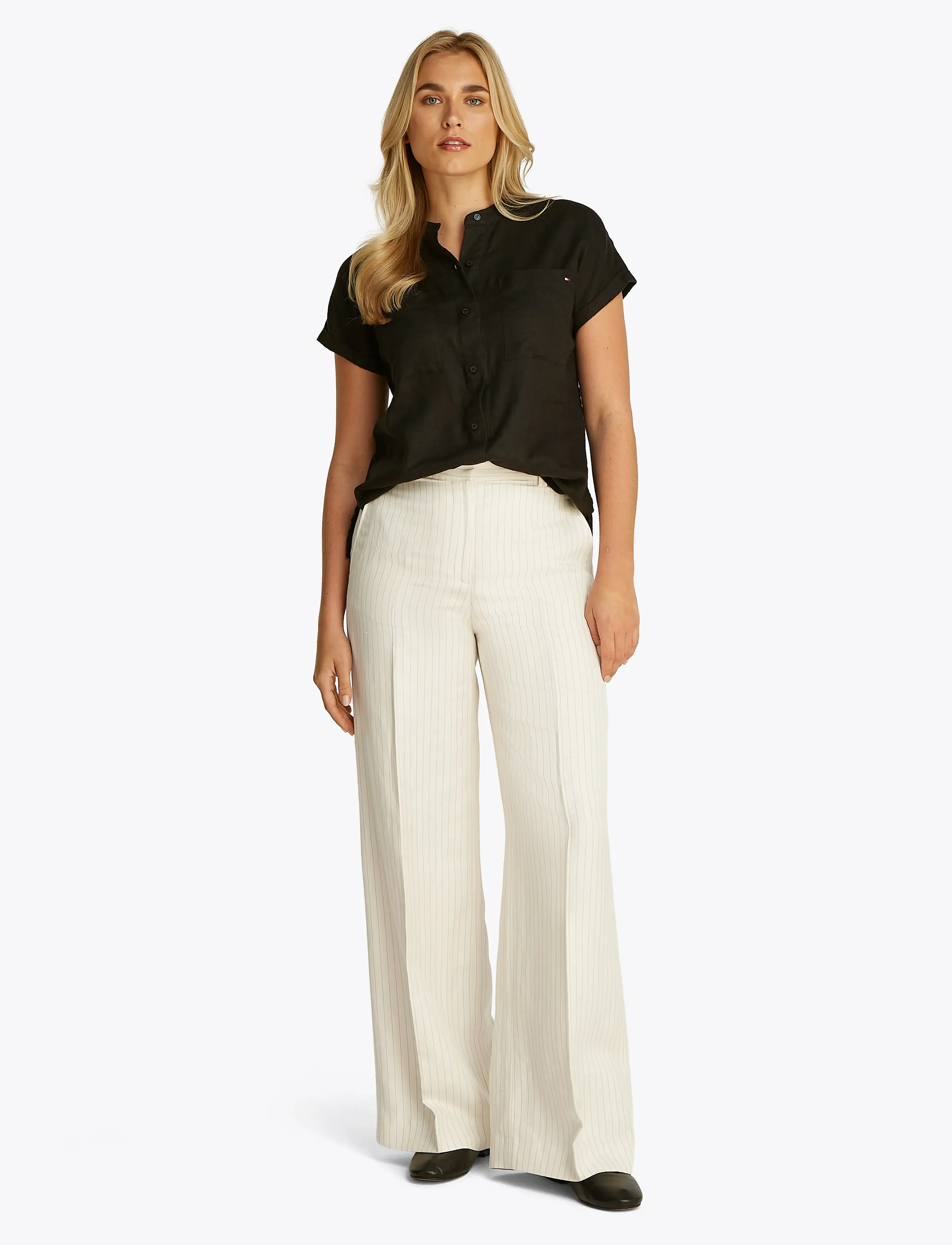 Tommy Hilfiger - VISCOSE LINEN WIDE LEG PANTS - vide bukser - cream/ grey pinstripe cw fabric - 3
