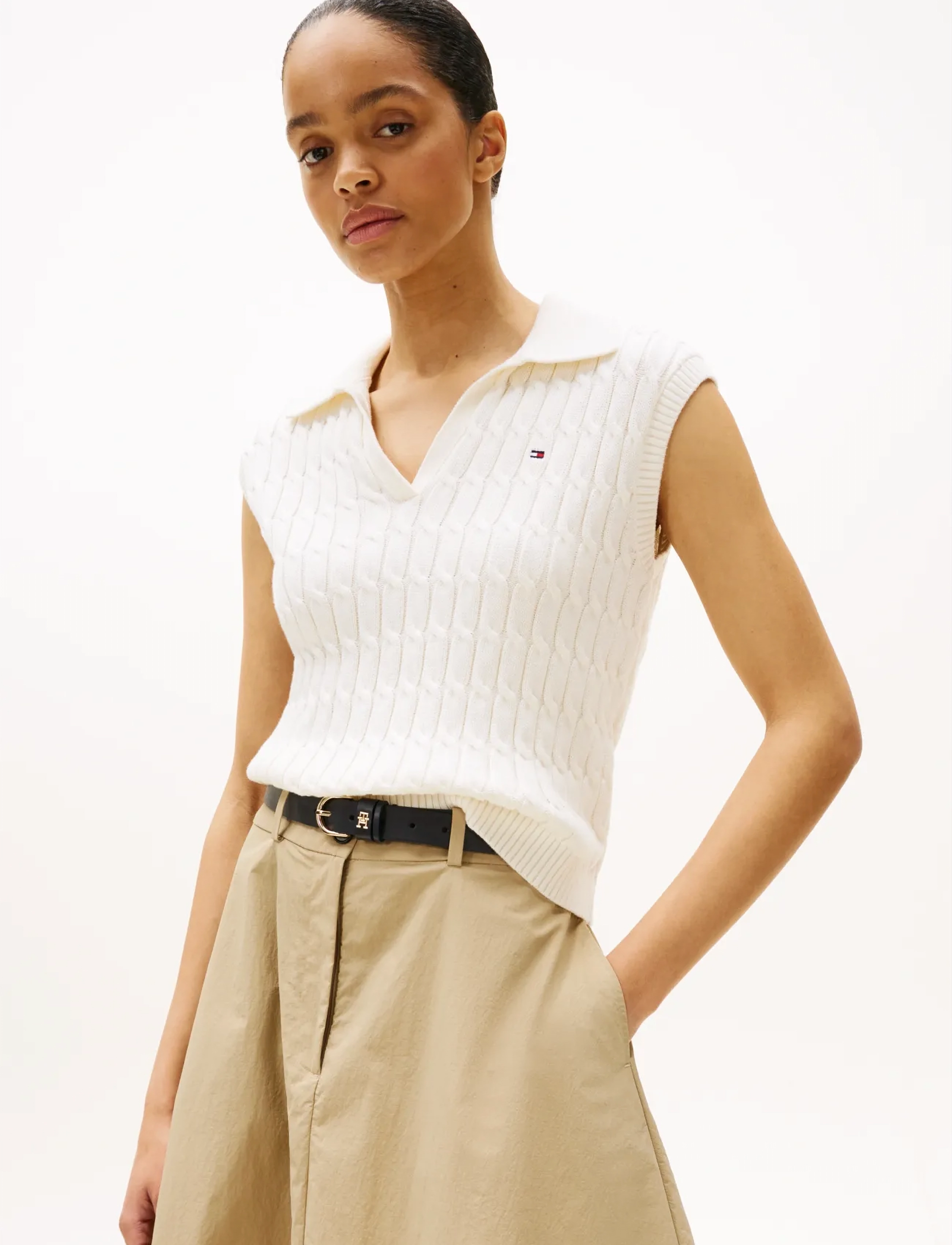 Tommy Hilfiger CO CABLE MID GG OPEN POLO VEST - T-särgid ja alussärgid - IVORY SILK / white