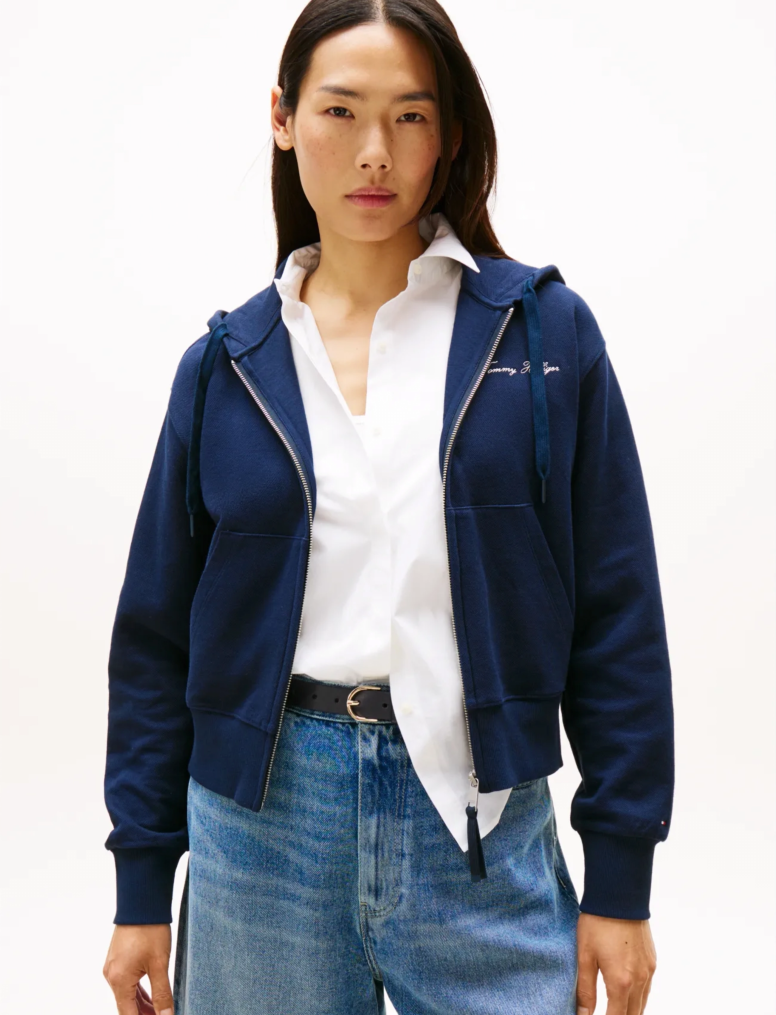 Tommy Hilfiger SCRIPT REG PIQUE ZIP-UP HOODIE - Tommy Hilfiger - DARK NIGHT NAVY / navy