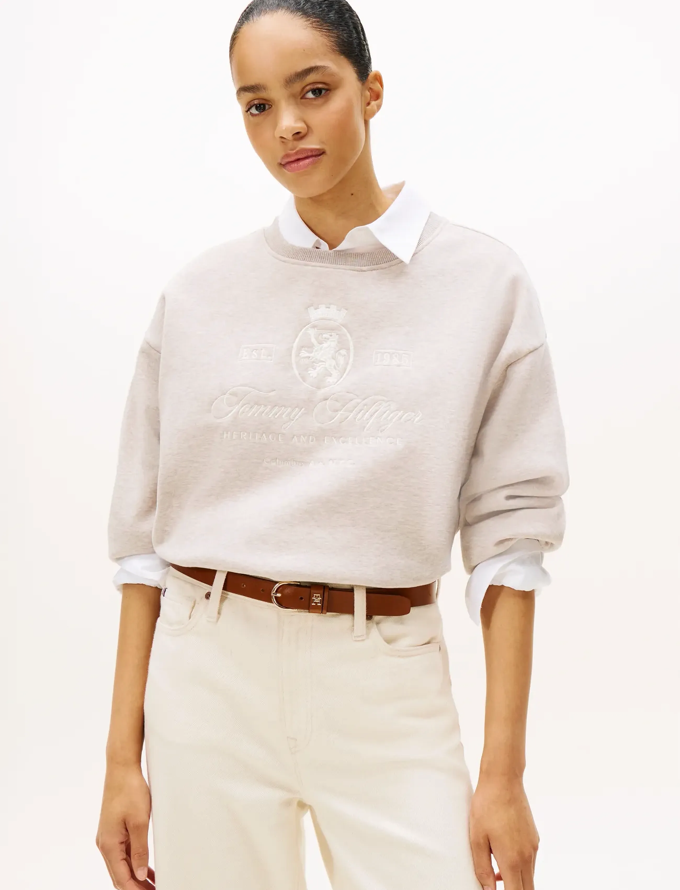Tommy Hilfiger VARSITY CREST FLEECE SWTSHRT - Sweatshirts - HEATHERED PEBBLE / beige