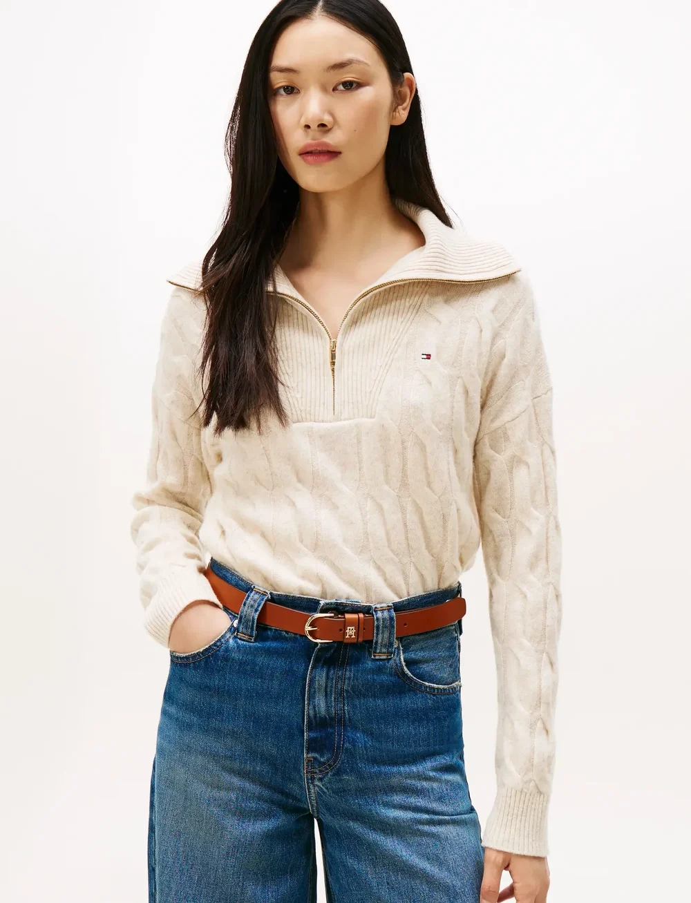 Tommy Hilfiger - SOFT WOOL CABLE 1/2 ZIP LS SWT - stickade tröjor - heather oatmilk - 0