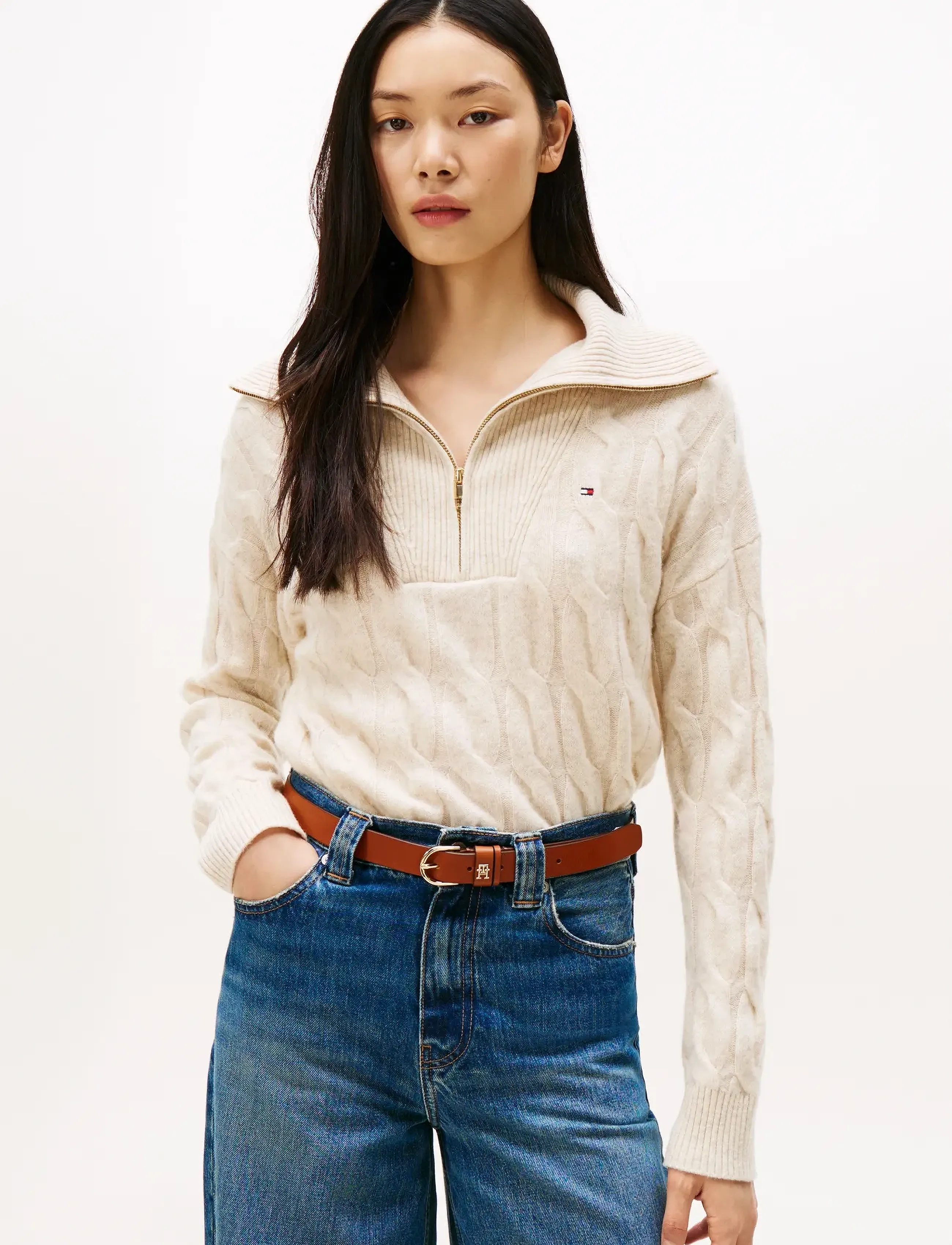Tommy Hilfiger - SOFT WOOL CABLE 1/2 ZIP LS SWT - heather oatmilk - 0