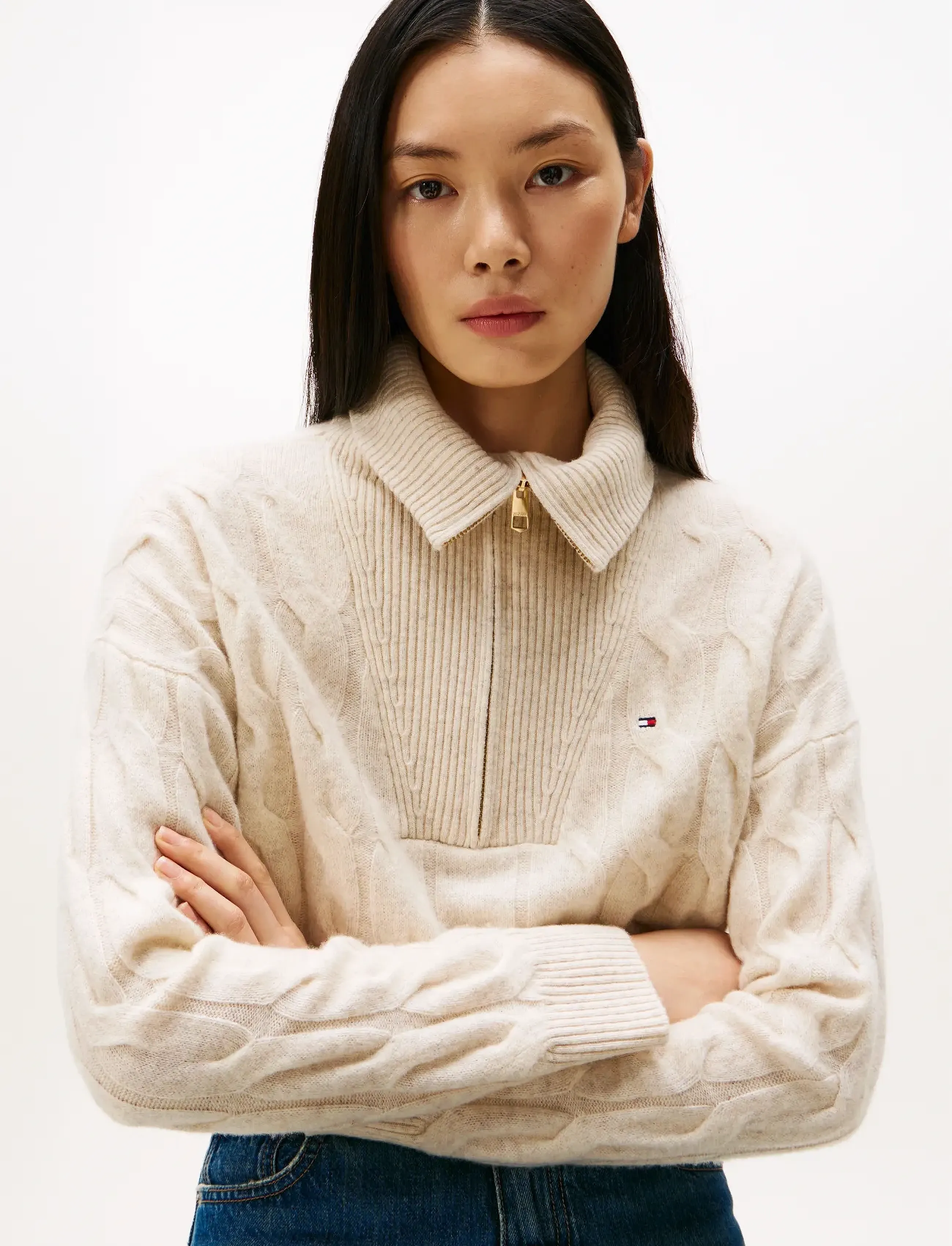 Tommy Hilfiger - SOFT WOOL CABLE 1/2 ZIP LS SWT - heather oatmilk - 4
