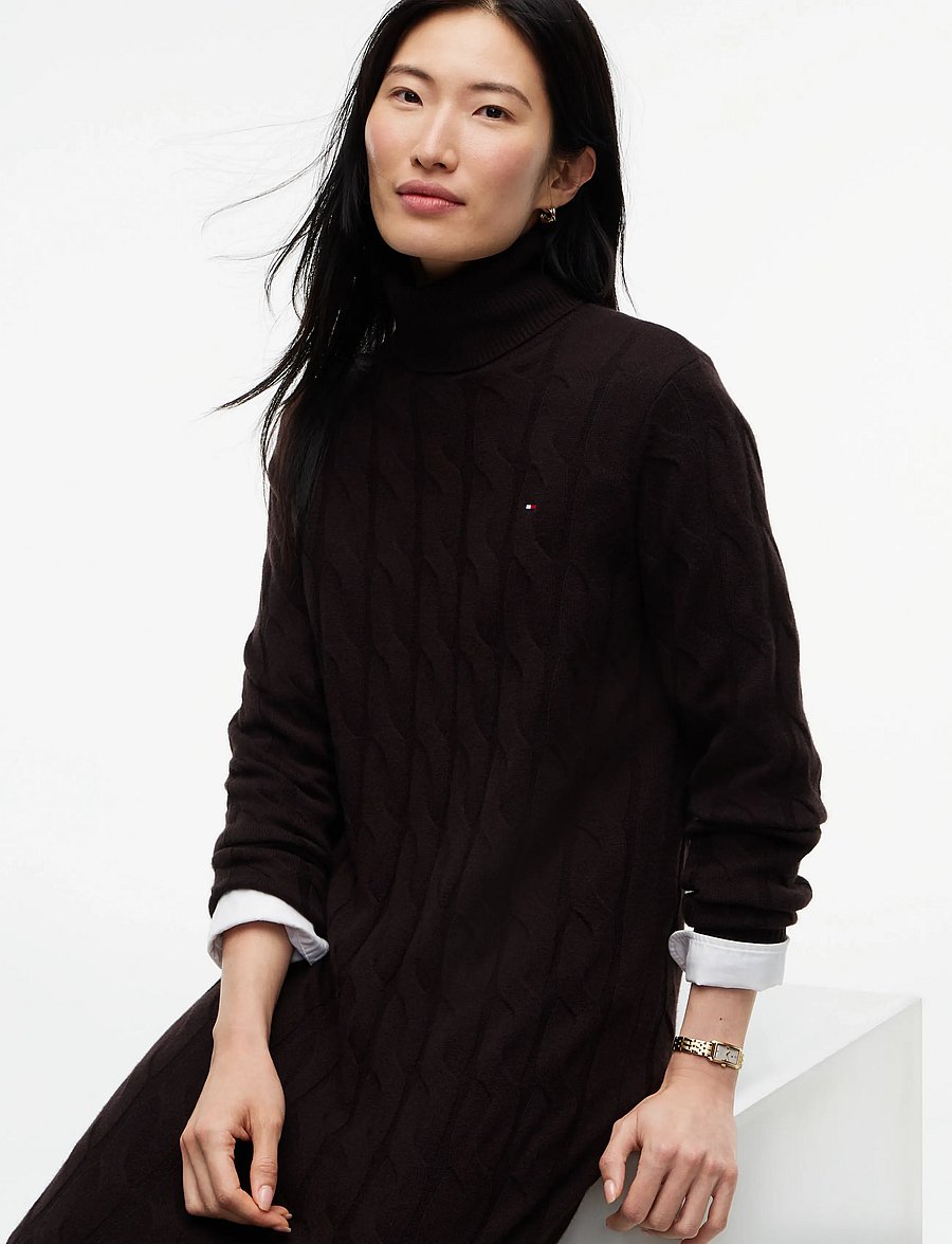 Tommy Hilfiger - SOFT WOOL CABLE ROLL-NK LS DRESS - strickkleider - chocolate - 2