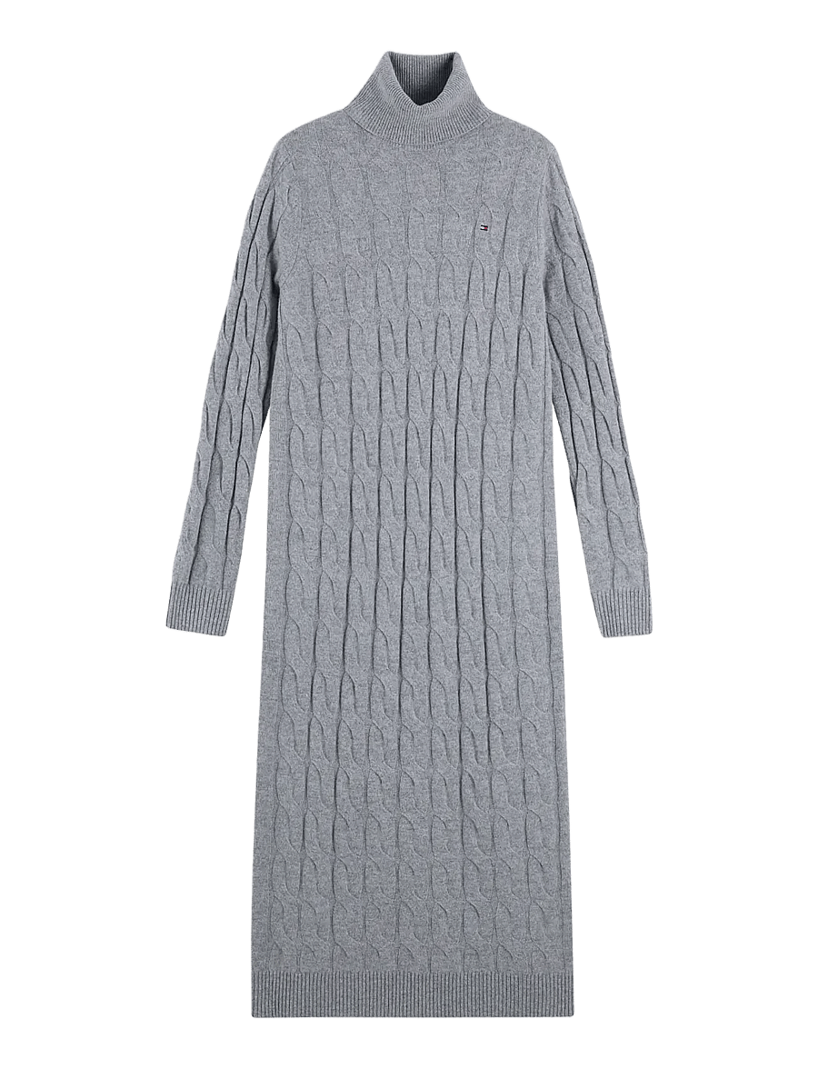 Tommy Hilfiger - SOFT WOOL CABLE ROLL-NK LS DRESS - stickade klänningar - medium grey heather - 1