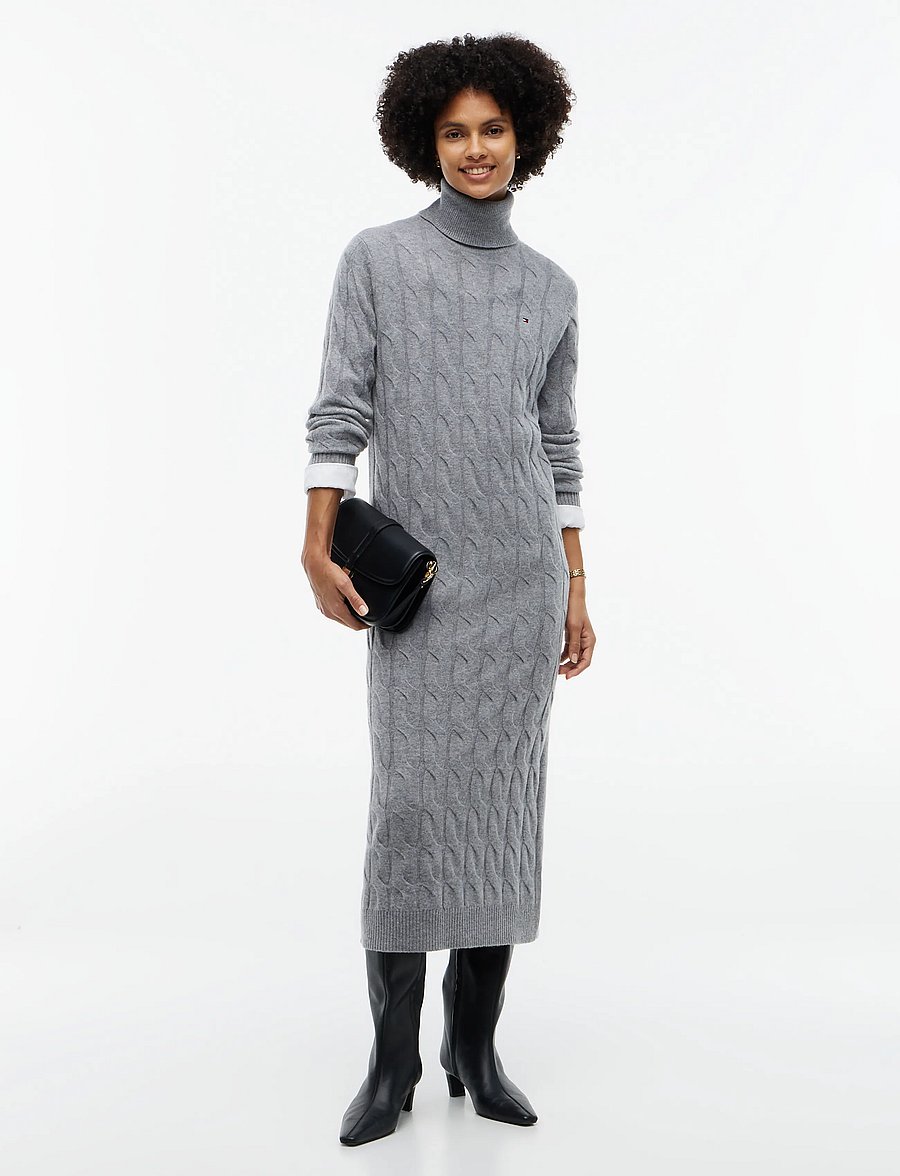 Tommy Hilfiger - SOFT WOOL CABLE ROLL-NK LS DRESS - stickade klänningar - medium grey heather - 0