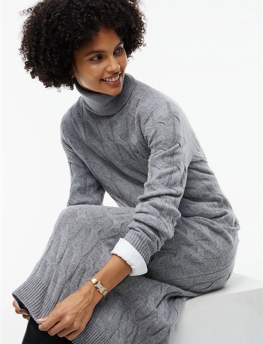 Tommy Hilfiger - SOFT WOOL CABLE ROLL-NK LS DRESS - stickade klänningar - medium grey heather - 3