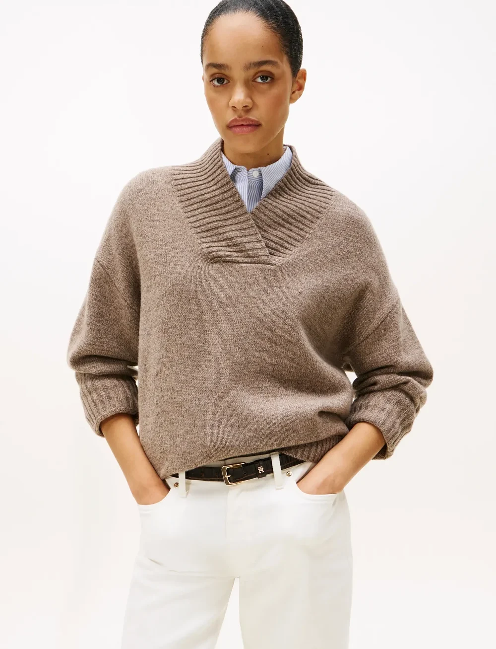 Tommy Hilfiger - MARL WOOL BLEND SHAWL-NK LS SWT - stickade tröjor - legacy brown marl sweaters - 0