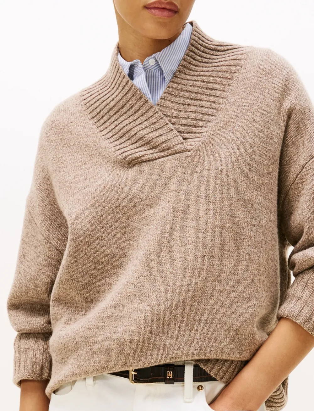 Tommy Hilfiger - MARL WOOL BLEND SHAWL-NK LS SWT - stickade tröjor - legacy brown marl sweaters - 4