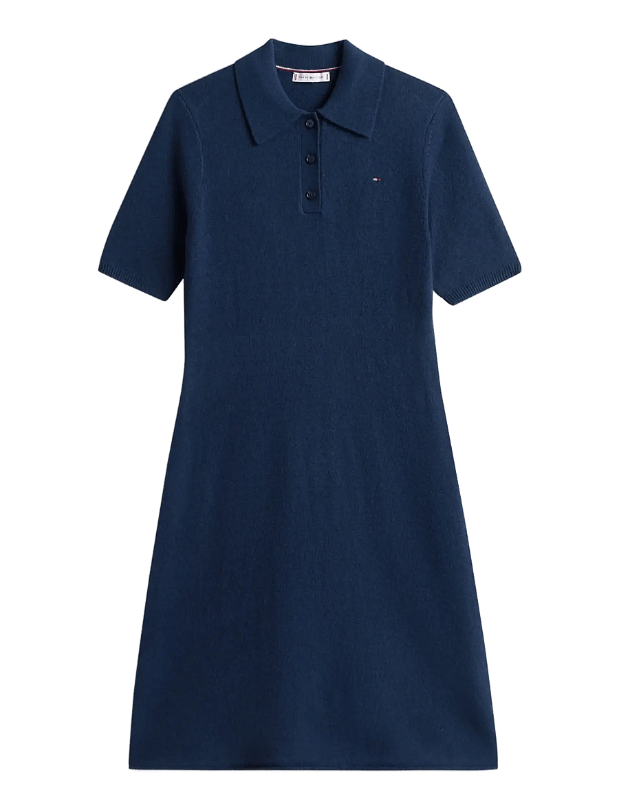 Tommy Hilfiger - SOFT WOOL HALF SL F&F POLO DRESS - stickade klänningar - dark night navy - 1