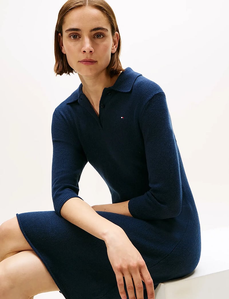 Tommy Hilfiger - SOFT WOOL HALF SL F&F POLO DRESS - strikkjoler - dark night navy - 2