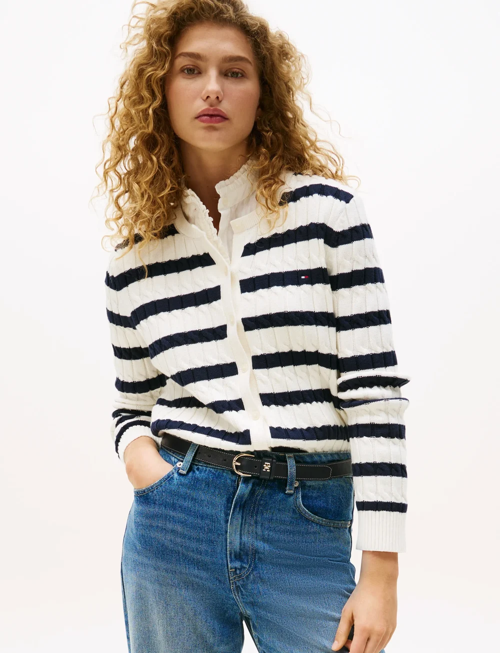 Tommy Hilfiger - CO CABLE MID GG C-NK LS CARDI - kardiganid - ivory silk/dark night navy stp - 0