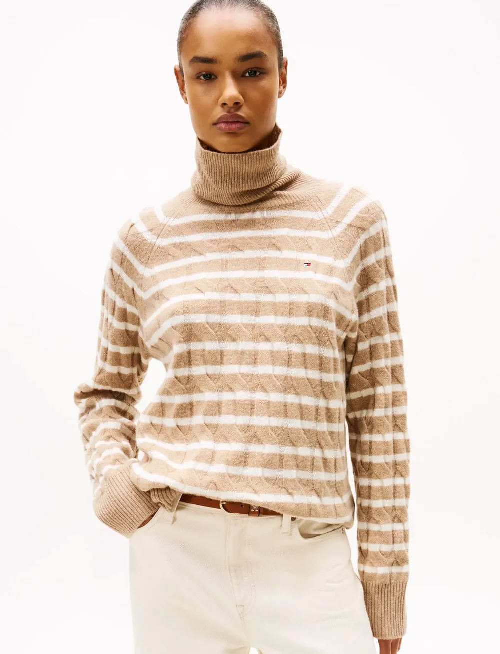 Tommy Hilfiger - SOFT WOOL CABLE ROLL-NK LS SWT - turtlenecks - safari canvas htr/ivory petal stp - 0