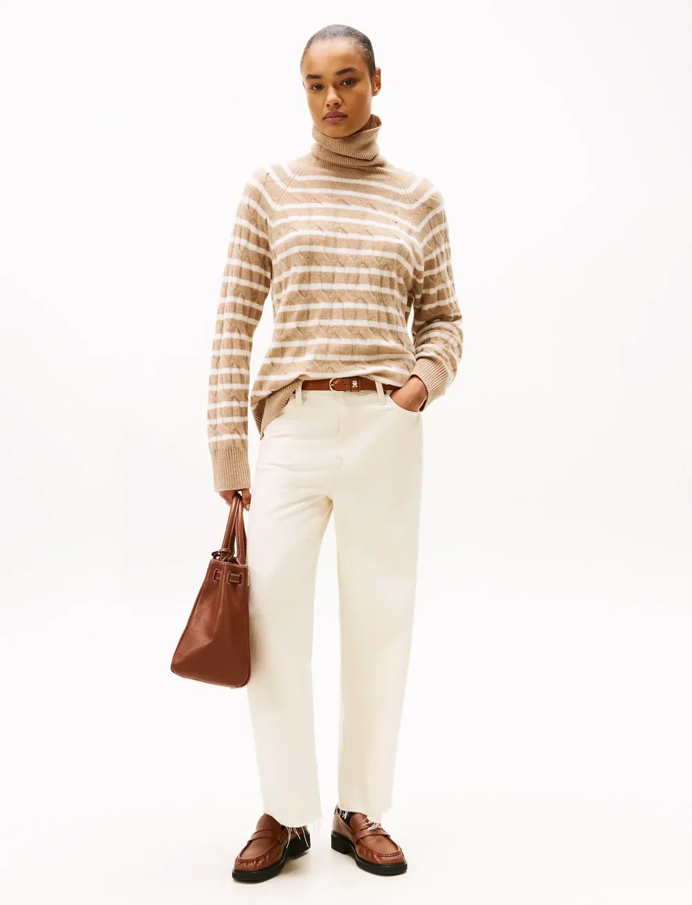 Tommy Hilfiger - SOFT WOOL CABLE ROLL-NK LS SWT - turtlenecks - safari canvas htr/ivory petal stp - 2