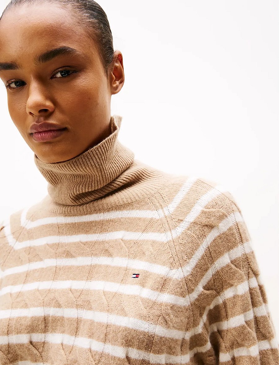 Tommy Hilfiger - SOFT WOOL CABLE ROLL-NK LS SWT - polotröjor - safari canvas htr/ivory petal stp - 4
