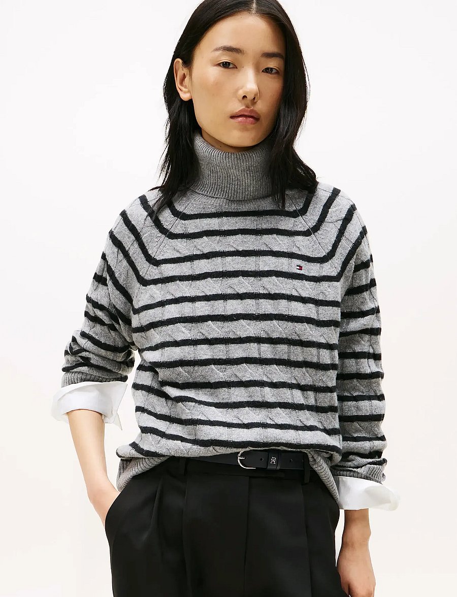Tommy Hilfiger - SOFT WOOL CABLE ROLL-NK LS SWT - polotröjor - mid grey heather/black stp - 0