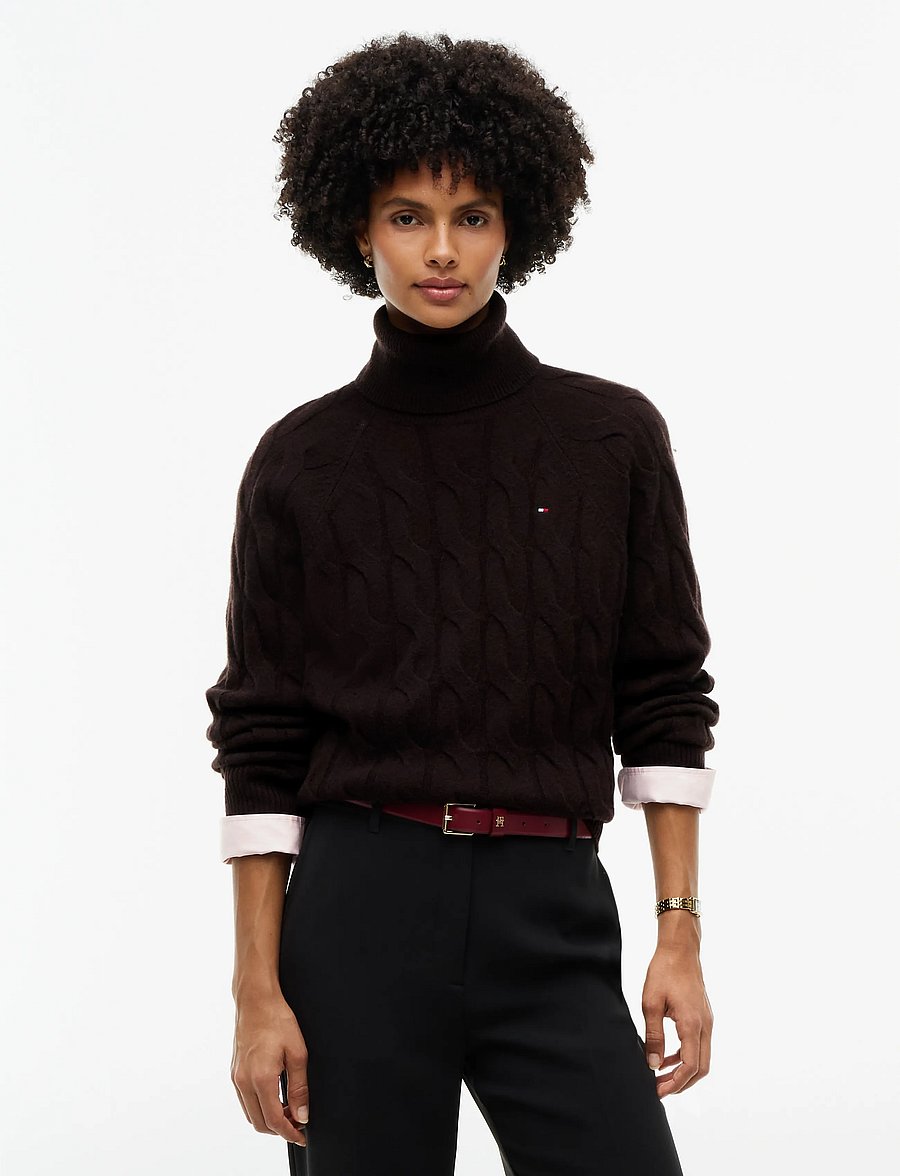 Tommy Hilfiger - SOFT WOOL CABLE ROLL-NK LS SWT - polotröjor - chocolate - 0