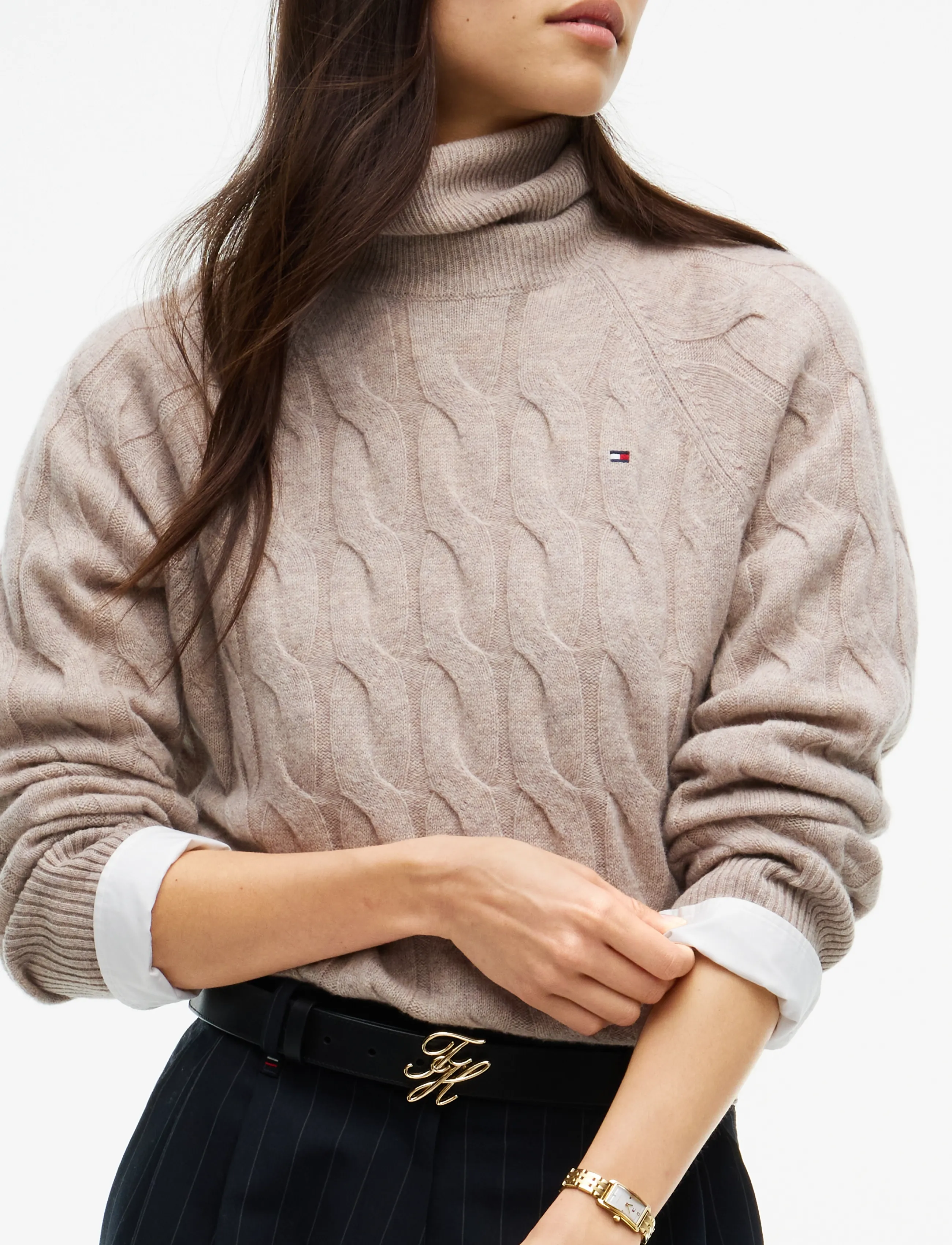 Tommy Hilfiger - SOFT WOOL CABLE ROLL-NK LS SWT - polotröjor - light camel heather - 3