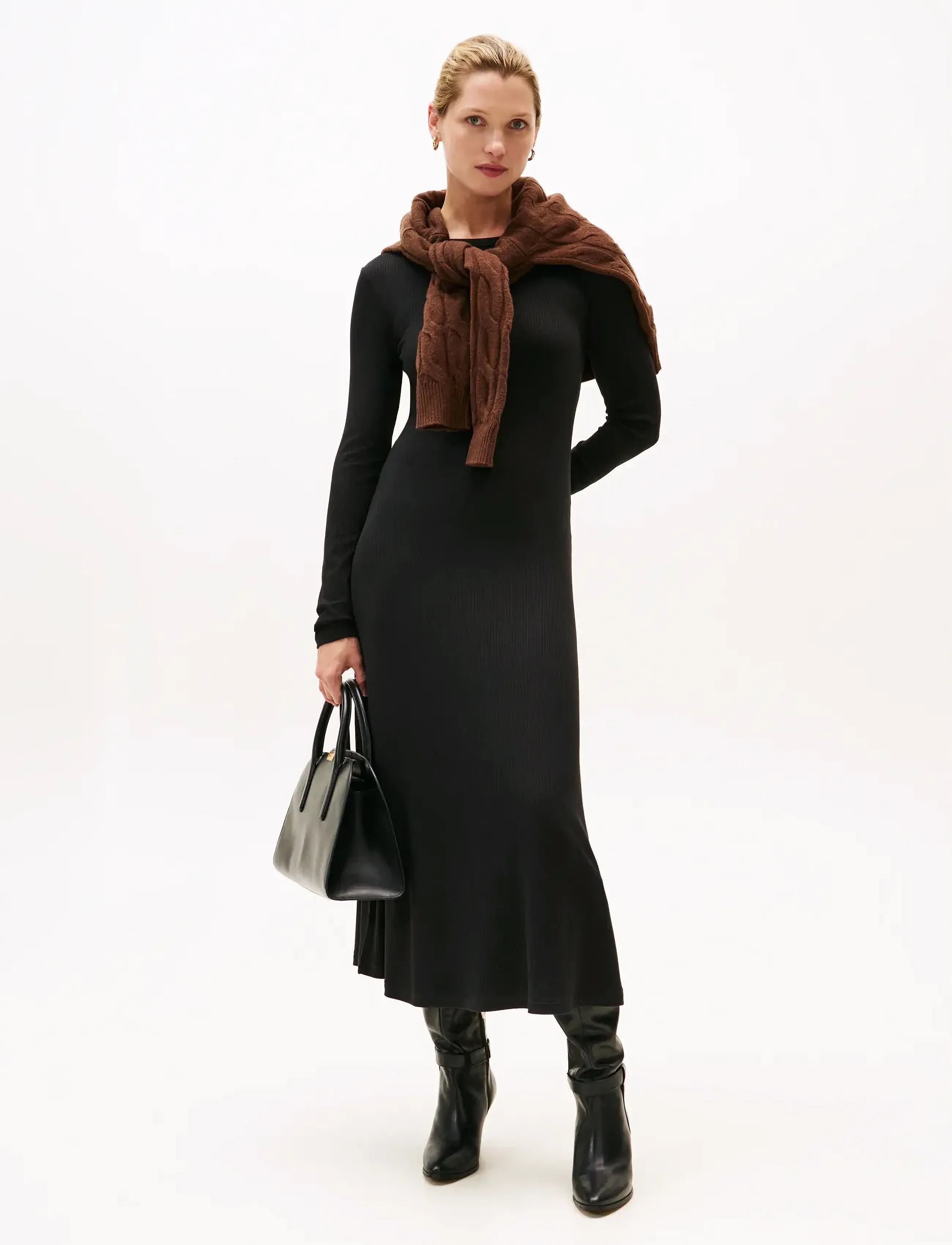 Tommy Hilfiger 5X2 Rib Flare Midi Dress Ls, XS, Black, Kjoler > Knælange Og Midi, Dame